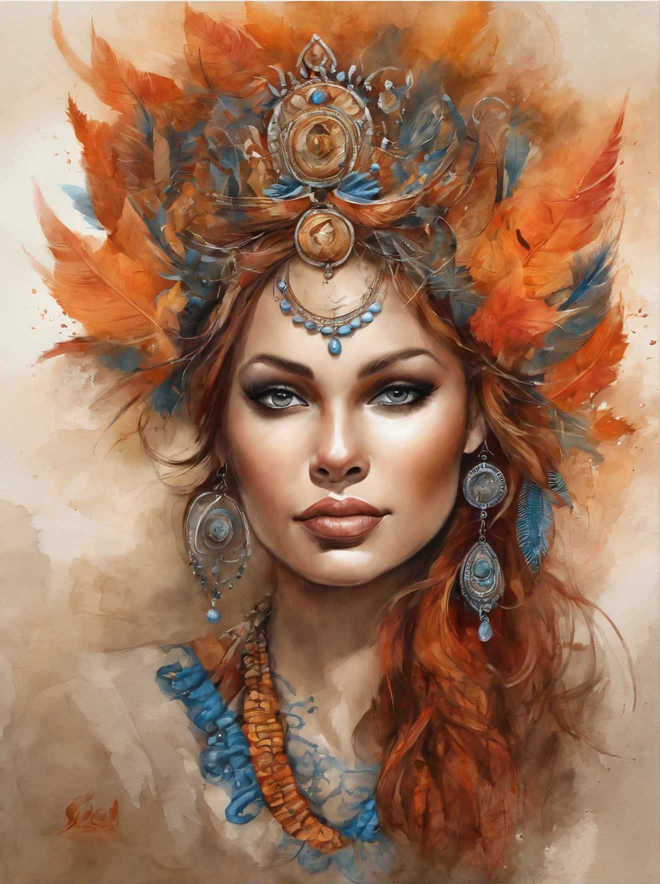 (((tmasterpiece))), (((Best quality at best: 1.4))), ((super detailing: 1.4)) , Super detailed gouache painting of a female tiefling, Gorgeous exotic features, Amber neon eyes:1.5, orange color hair, Ultra-detailed facial features, expressive face, Detailed texture, blue skin color, Tattooed with, Natural skin shader, volumetry, Warm undertones under her skin, 超高分辨率