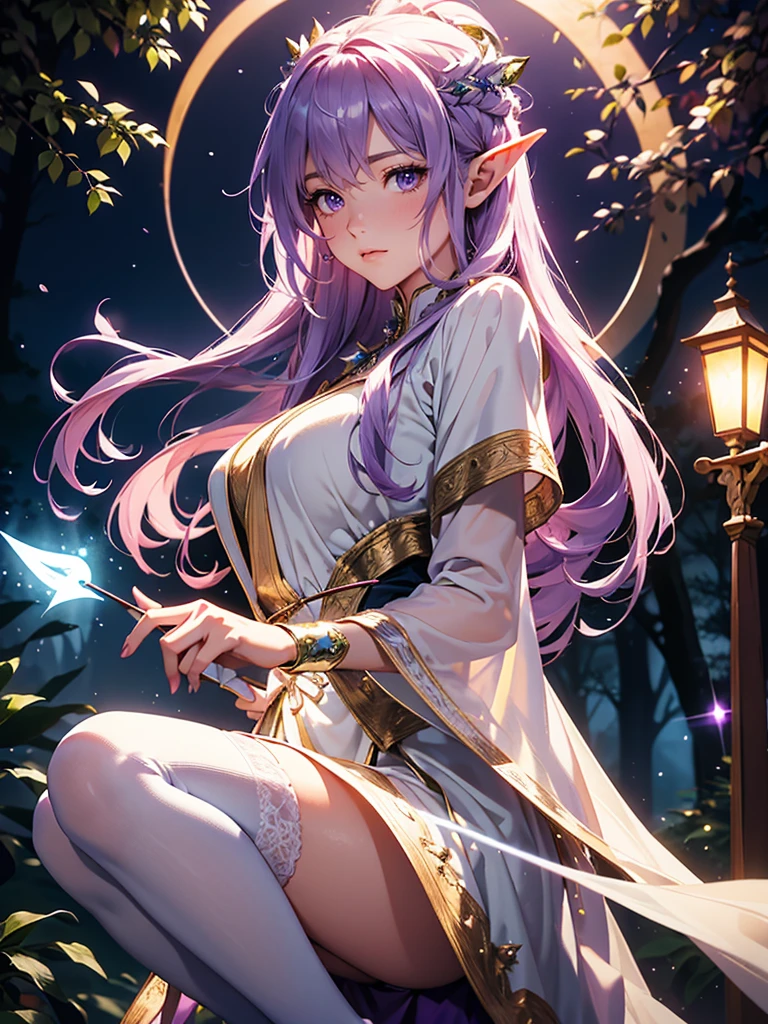 ultra detailed illustration of adult woman wearing purple thin robe, 4k, white stockings, elven archer, magic bow, magic arrow, white flowing hair, moonbeams, backlit, light particles, whimsical, masterpiece, image with a magical and enchanting night atmosphere (best quality:1.4), night, crescent moon, forest, sharp focus, anime style