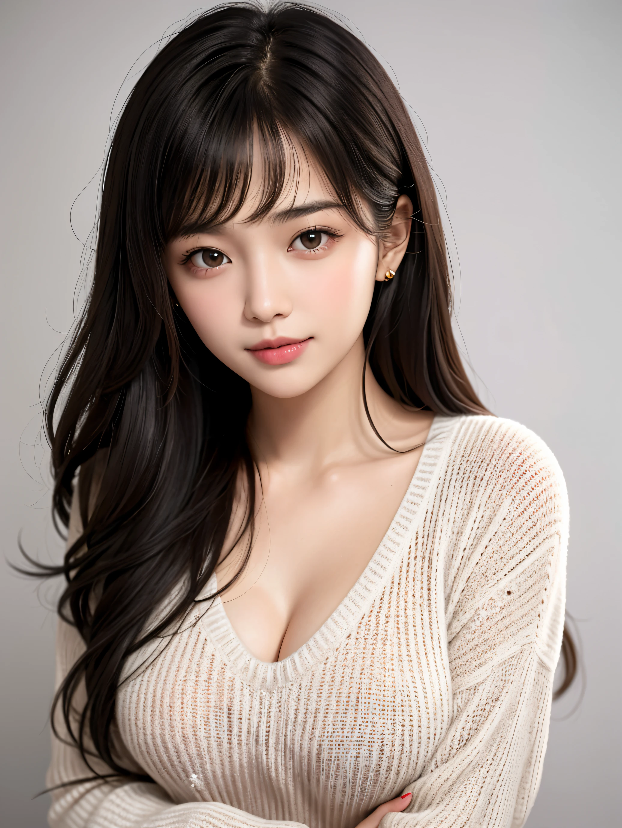 Amazing beauties,Long hair,bangss,A slight smil,Background Simple,your gaze is soft,breasts are large,nice sweater