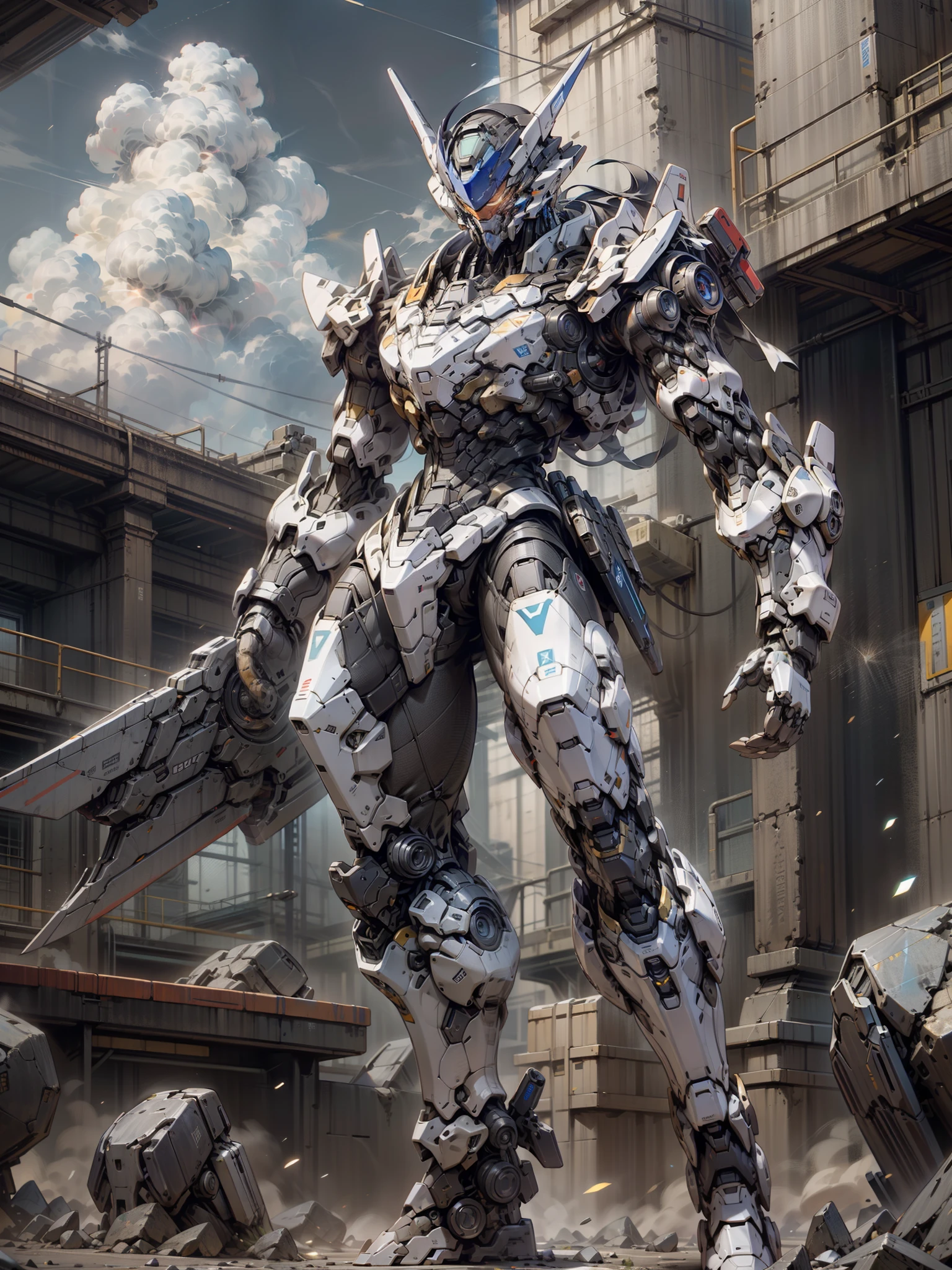 ((Best Quality)), ((Master Works)), (Very Detailed: 1.3), 8K, cool painting, full of sci-fi atmosphere, blue mecha looking up sideways at the sky, blue, gilded blue, holding a sword, swords scattered, streamlined blue armor, complex weapons and equipment behind it, Gundam humanoid mech, anime mecha aesthetics, perfect body proportions, head-up view, standing posture, military giant mecha, missiles, rocks, futuristic technology, realism, dark clouds in the sky, dark war background, Ray Tracing, Light Particle, NVIDIA Trtx, Super Resolution, Unreal 5, Subsurface Scattering, Specular and Albedo Mapping, Rule of Thirds, Large Aperture, Battle Stance, 8K Raw Data, High Efficiency Subpixels, Subpixel Convolution, Light Particle, Light Scattering, Tyndall Effect, Ray Tracing.