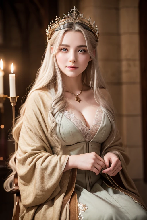 (((a deep reddish wound crosses her left cheek))) fair complexion, woman around 30 years old, natural white hair, distinctive green eyes, wearing kohl, sitting on the throne, slender and graceful, beautiful, candlelight in a medieval setting, best quality, ultra high res, Raw photo, Nikon D850, backlight, rimlight, bright sunlight, film grain:1.2, (warm hue, warm tone:1.2), (color photo), ultra sharp focus, realistic shot, medieval female clothes, tetradic colors (scar:1.4), ((fullbody)), whole body capture, wearing a crown, medium breast, breasts cleavage, eyes on camera, face on camera, smilling face,