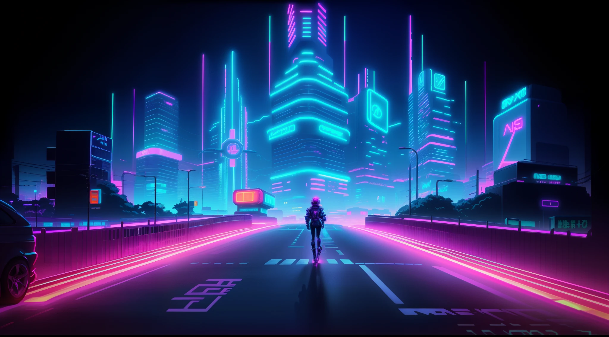 a city street, neon city in the background, art deco outrun anime aesthestic, neon megacity in the background, neo tokyo background, metropolis background, epic retrowave art, tron, deeper into the metaverse we go, masterpiece epic retrowave art, jen bartel, synthwave art