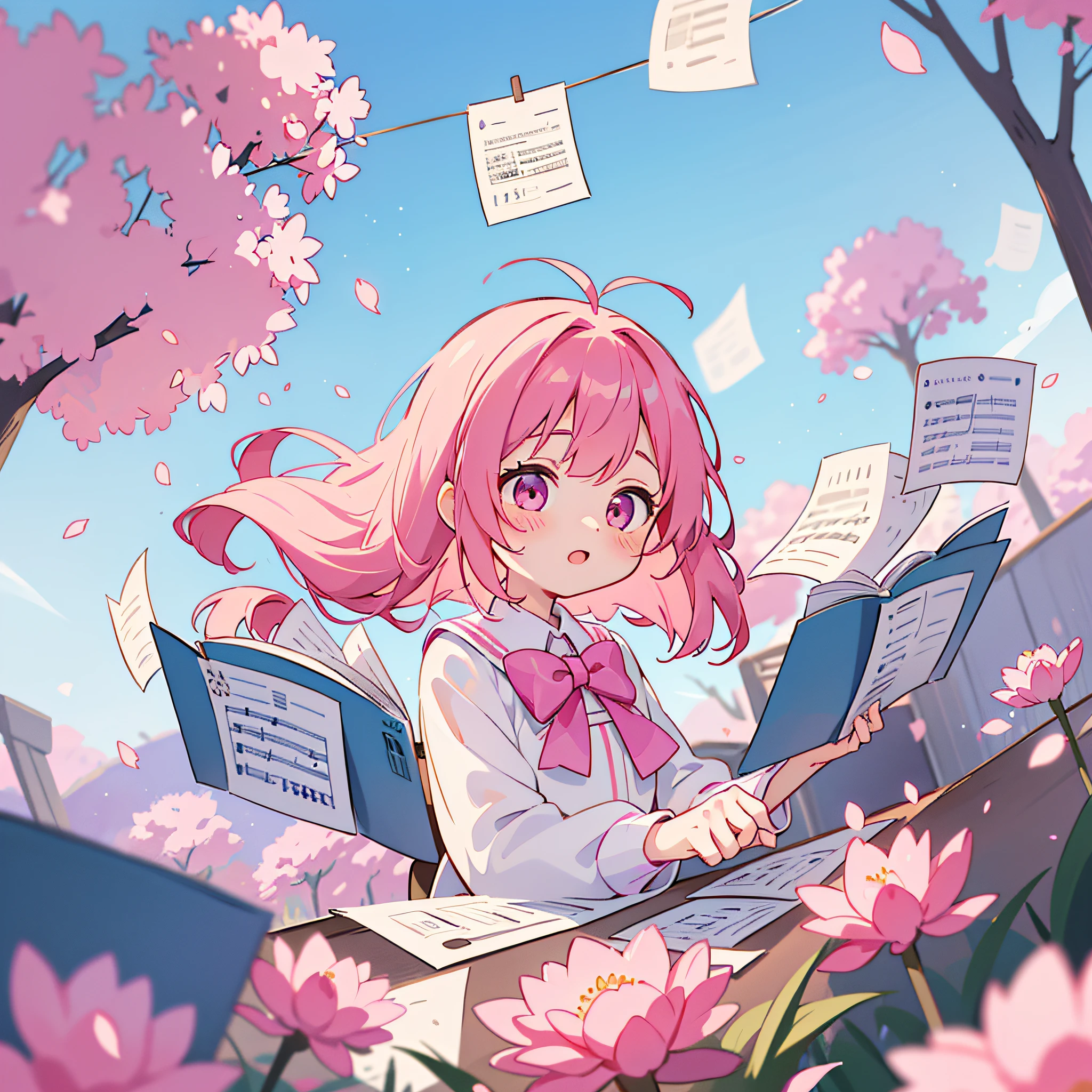 wallpaper,dynamic angle,dynamic composition,dynamic lighting,depth of field, centered composition, half body view,((interesting detailed background)),(light reflections), cinematic lighting, sparkle, glowing light, 8k, 1girl, kawaii, blush, cute, blue sky, sunny, busy background, student uniform, pink hair, flowy hair, pink glowing eyes, cinematic, musical, many papers of "music" sheets,((floating papers of "music" sheets)), musical notes effects, papers of music sheets on the foreground, cutes, sakura tree, pink petals floating, pink flower field