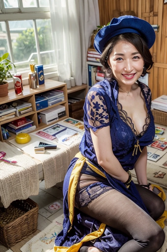 (Top image quality、top-quality、Top resolution、masterpiece)、a matural female、45 yers old、being thin、(Thick makeup)、Bright red lipstick、(Wearing royal blue and gold lace underwear)、Wearing a hat、(tilt the body)、(Old house)、Jumbled background、(A room littered with jewelry, underwear, cosmetics, and dolls.:1.3)、(Messy room:1)、Laughing、Wearing pin heels