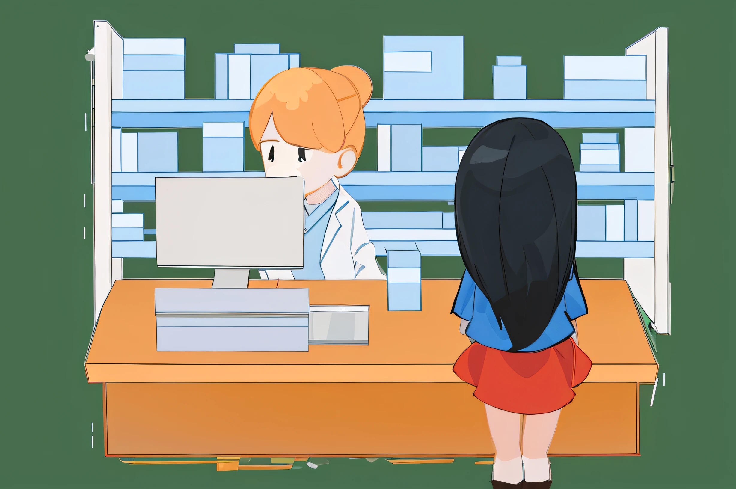 There  a girl standing in front of the computer, pharmacy, at the counter, pharmacy, 2D illustration, 2D illustration, professional illustration,  illuminations, in laboratory, detailed 2d illustration, in laboratory, counter, hd illustration, girl, Style illustration, At checkout, in laboratory, 数字插图 -, illustration