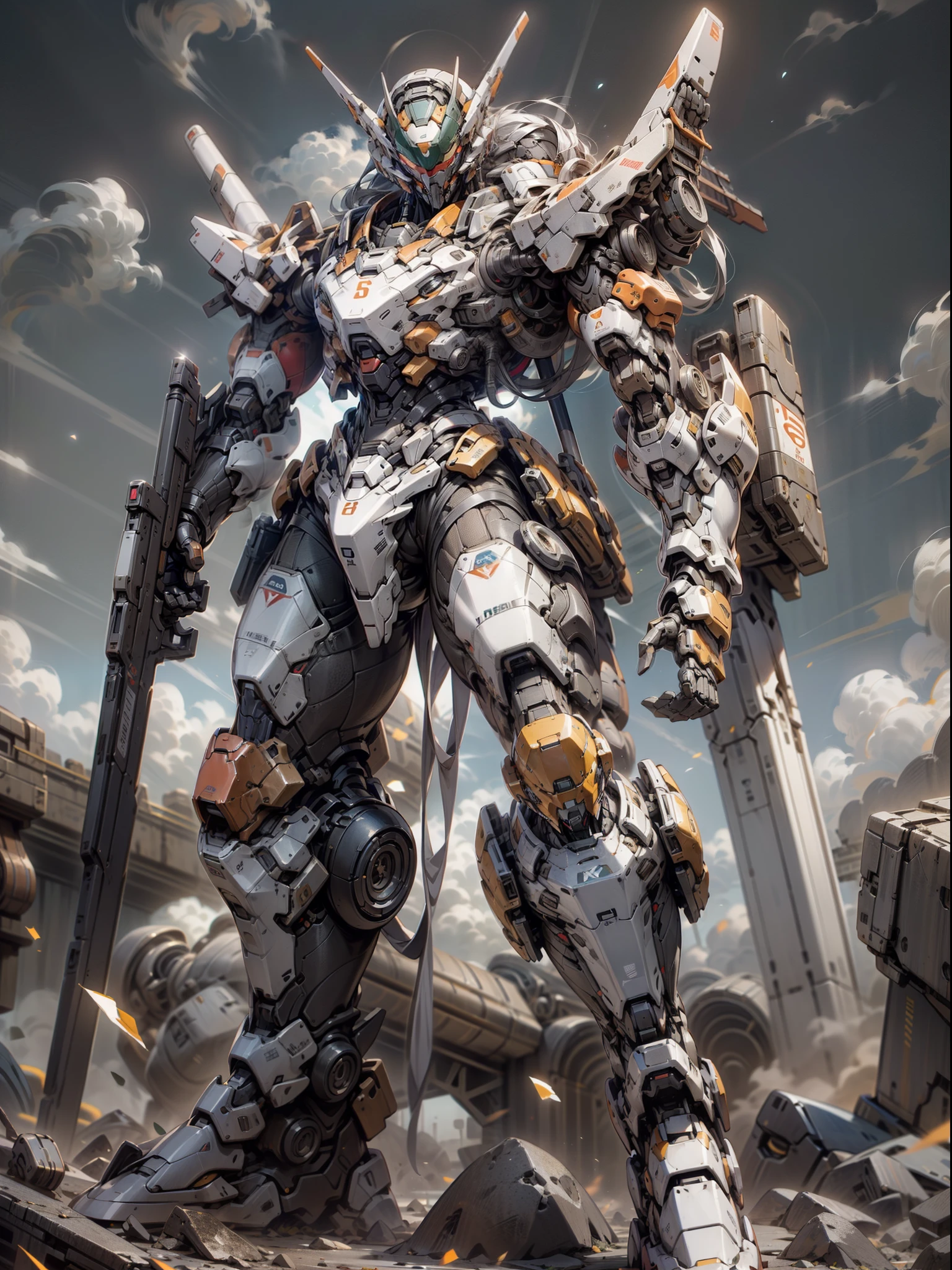 ((best-quality)), ((Masterpiece)), (RAWExtremely detailed: 1.3), 8K,Cool painting,It's sci-fi,Red Gunsmith,Red tank armored division with huge shields,Red,Red mech,Reloaded up to the MK2,Red mech,The mask covers the face,Holding a shield in the air,Red super large mechanical shield,Heavy weapons,Heavy machine gun,Sniper rifle,cannon,Gatling guns were scattered on the ground,Carrying a weapon and a firearm,Pistol again at the waist,Sniper rifle in the back again,Super cool tank armor,God of weapons,Gundam humanoid mech,anime mecha aesthetic,Perfect body proportions,Heads-up view,standing pose,Military giant mech,missile,rock,Future technology,realistness,There are dark clouds in the sky,Dark black war background,rim light,raytracing,Light particles,NVIDIA Trtx, Super-Resolution,Unreal 5,sub-surface Scattering,Specular and albedo maps,trichotomy,Large aperture,Battle Pose, 8K RAW,Efficient subpixels,Subpixel convolution,Light particles,Light scattering,Tyndall effect,raytracing.