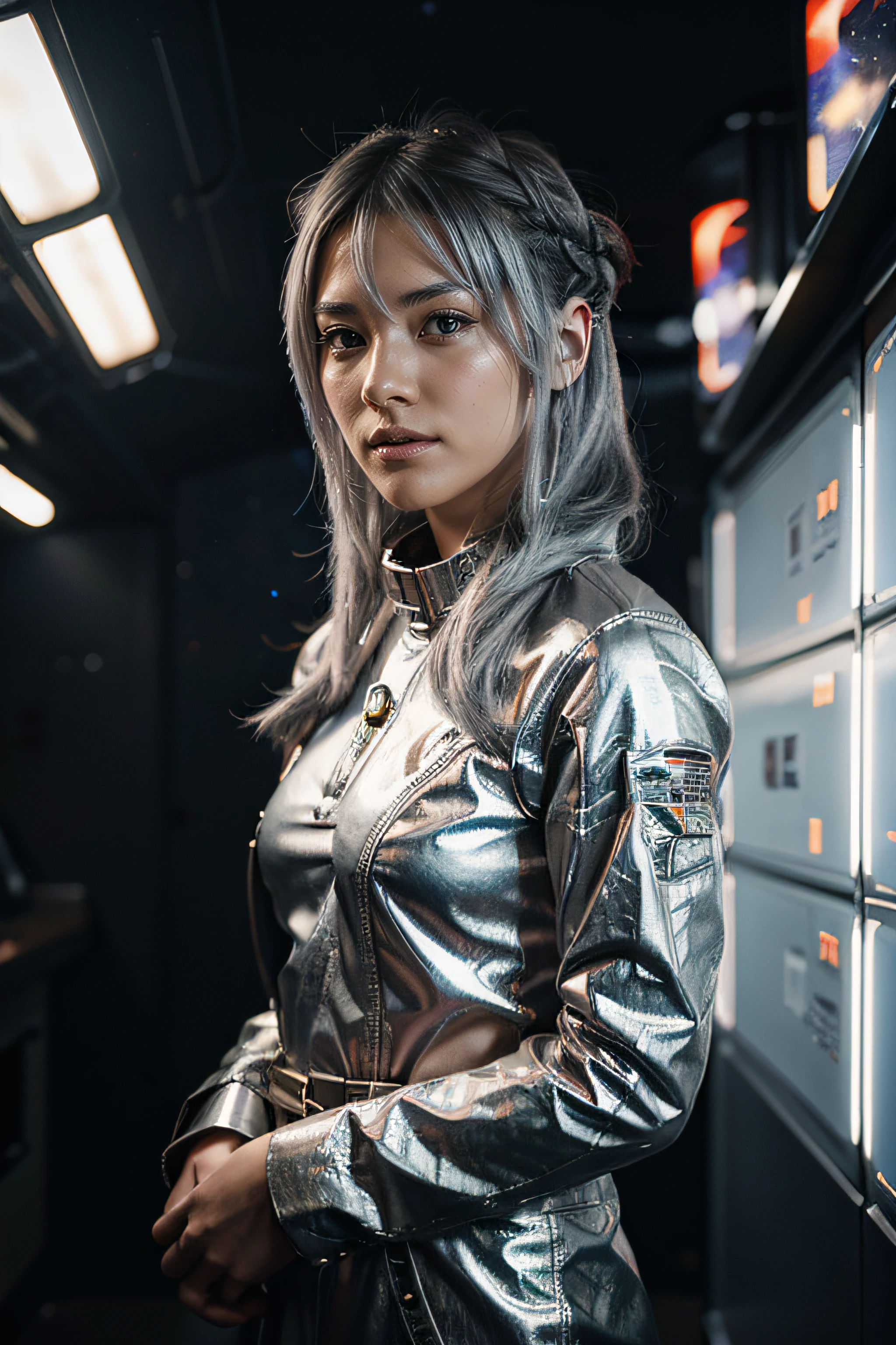 space fighters, japanaese girl, star presence, Wolf cut hair, Hair in folds, Silver hair