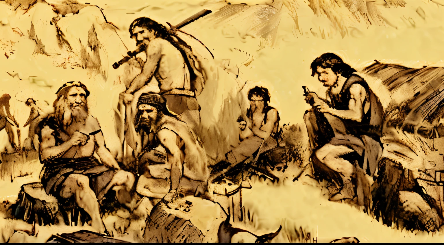 Picture of a group of people sitting around a fire, Prehistoric caveman family, Neanderthals ate sushi, Neanderthal, prehistoric period, Stone Age, Paleolithic painting, Paleolithic cave paintings, Lasko, ancient slavs, Paleolithic cave art, historical art depiction, tribe members attacking, Ancient tribes, ancient art, Early Middle Ages
