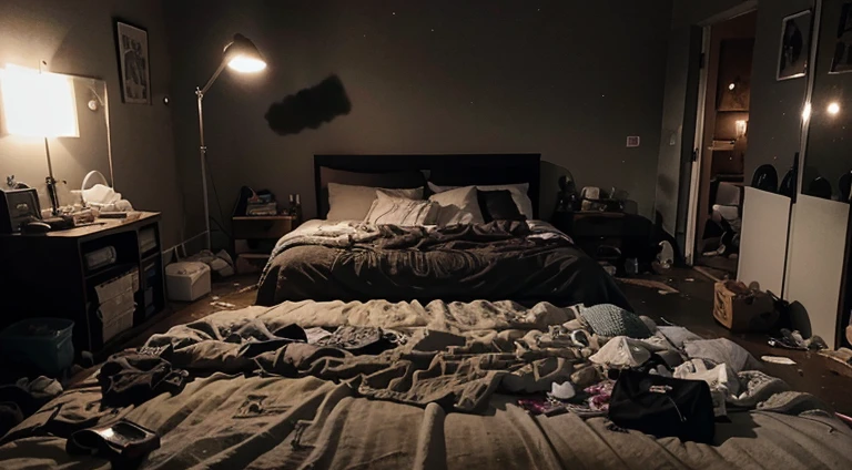 Messy Bedroom. Night Time. Realistic. High Quality. Aesthetic.
