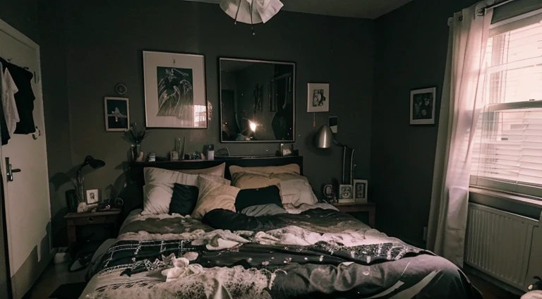 Messy Bedroom. Night Time. Realistic. High Quality. Aesthetic.