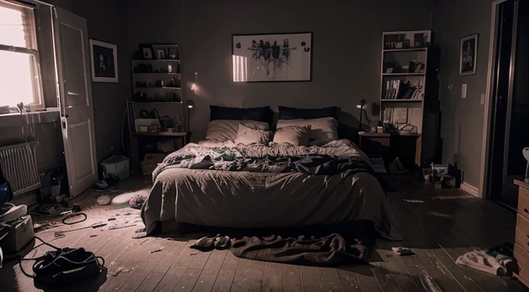 Messy Bedroom. Night Time. Realistic. High Quality. Aesthetic.