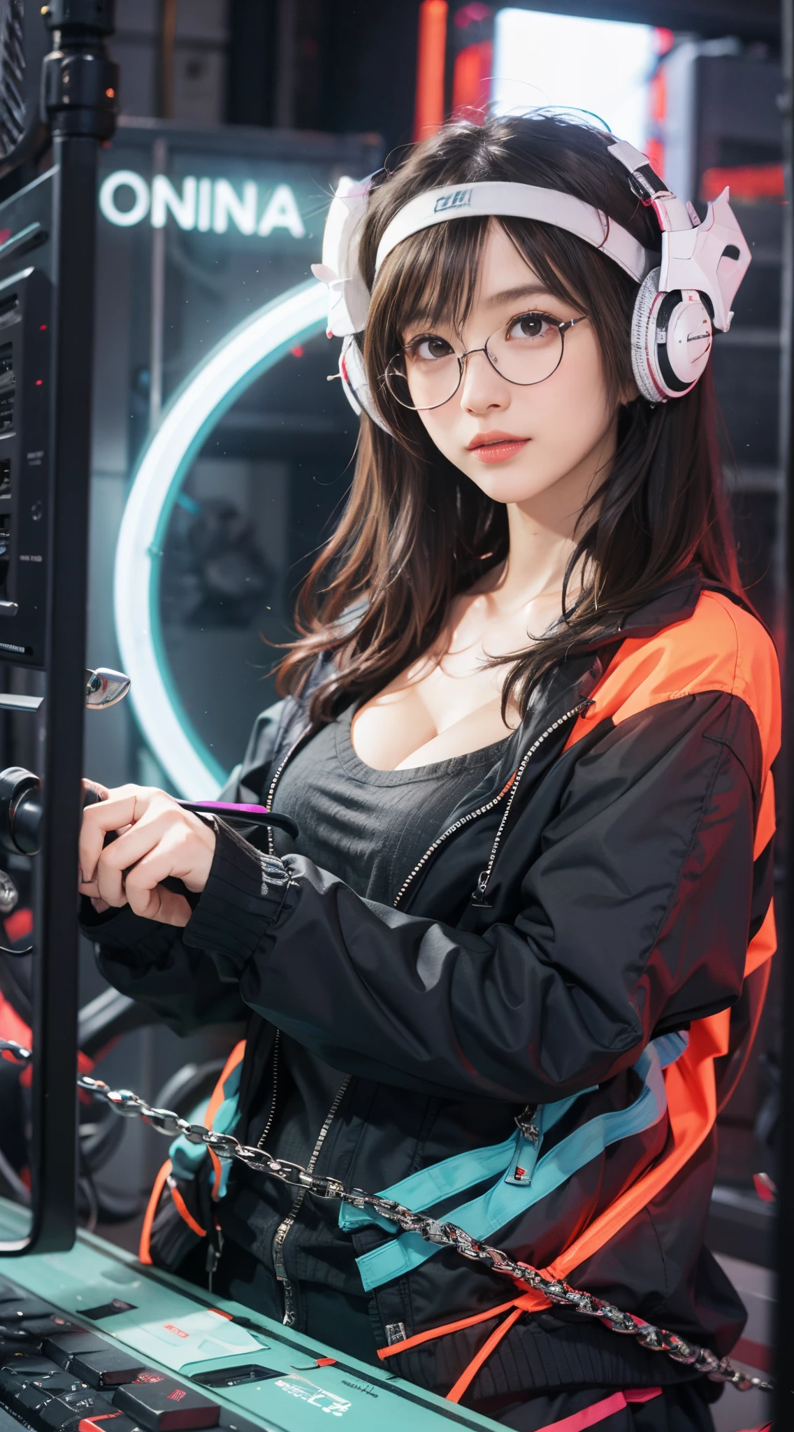 nsfw, 8k, best quality, highres, realistic, real person, A futuristic gamer's room with a cyberpunk theme, featuring another otaku girl with short hair and stylish sunglasses, immersed in a virtual reality game. The room is decorated with LED strips and holographic displays, showcasing an array of gaming gadgets like a VR headset, a high-tech gaming chair, and a custom gaming PC with neon lighting. The room's ambient lighting highlights the girl's short hair and sunglasses, as she is engrossed in the virtual world, with a look of excitement and concentration. Big breasts, cleavage, beautiful legs, long legs, gorgeous magic wand