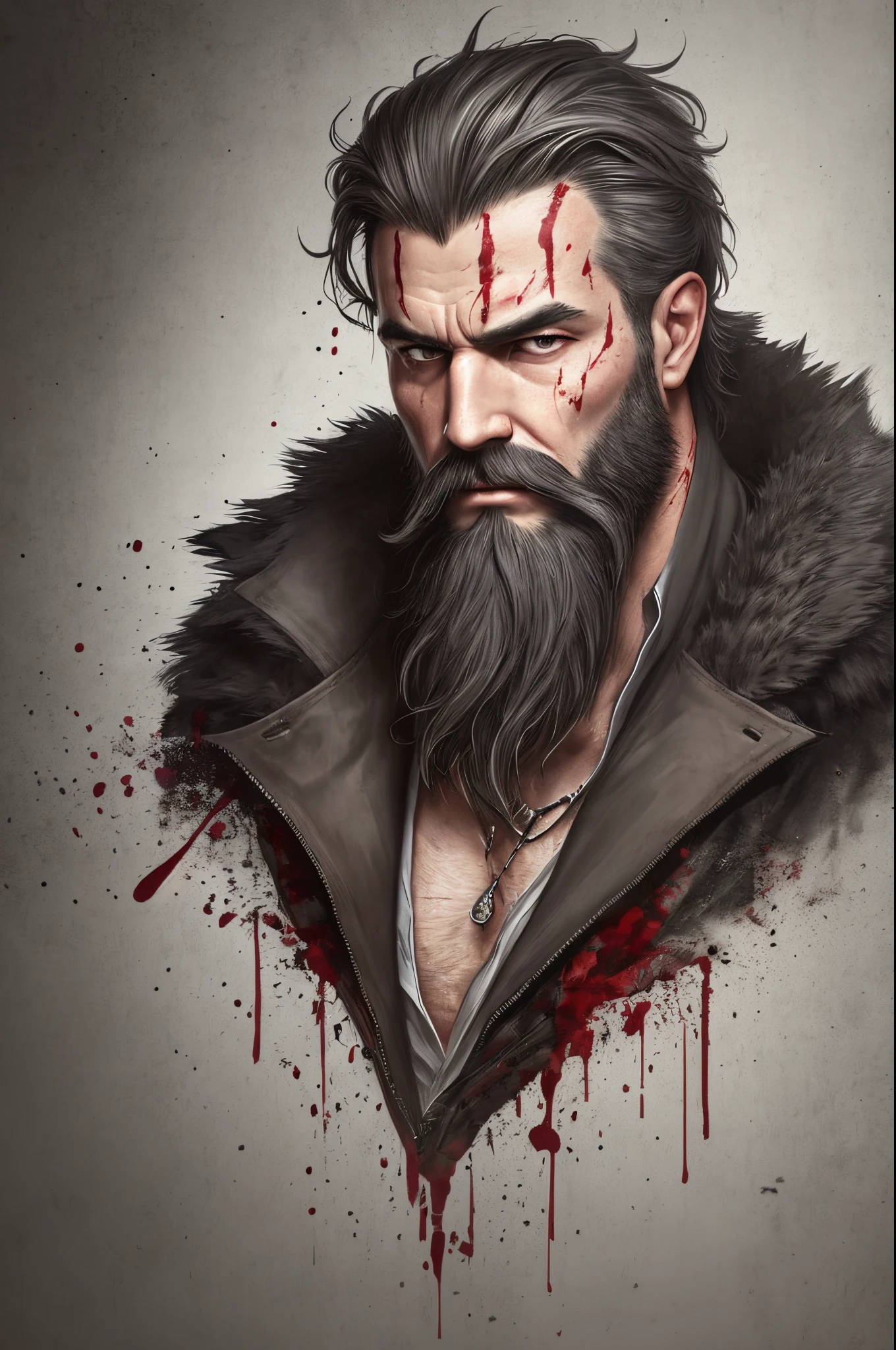 dense beard man, scars on face, blood coming out from cuts on face, villain character, smart and handsome, hyper realistic, --auto --s2