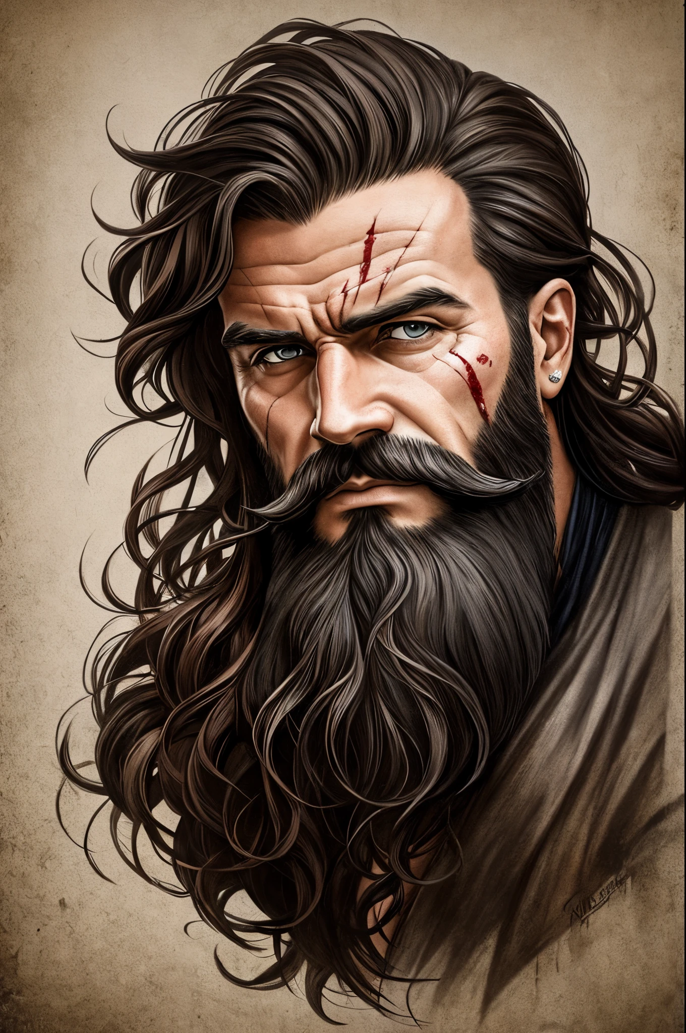 dense beard man, scars on face, blood coming out from cuts on face, villain character, smart and handsome, hyper realistic, --auto --s2