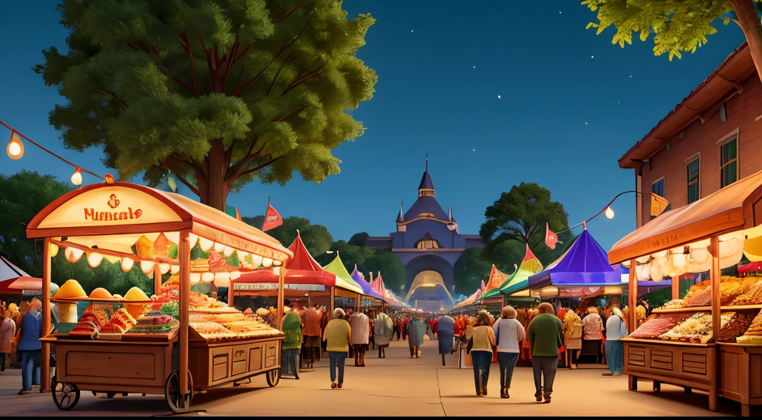 A bustling fair, lights hanging from the trees, banners displayed, stalls selling toys, food, and musical instruments, carts, people strolling in celebration