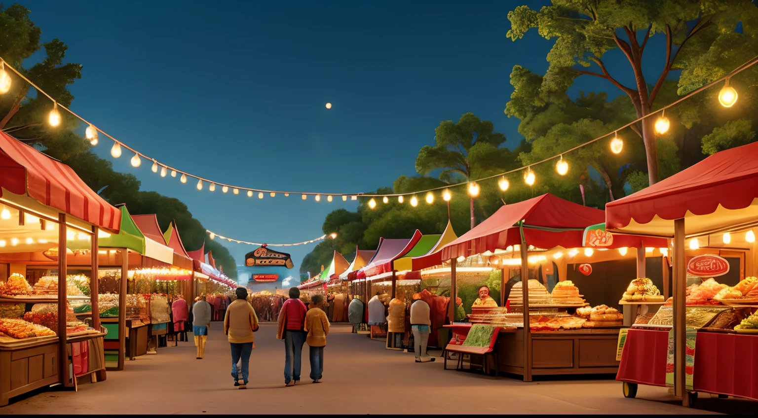A bustling fair, lights hanging from the trees, banners displayed, stalls selling toys, food, and musical instruments, carts, people strolling in celebration