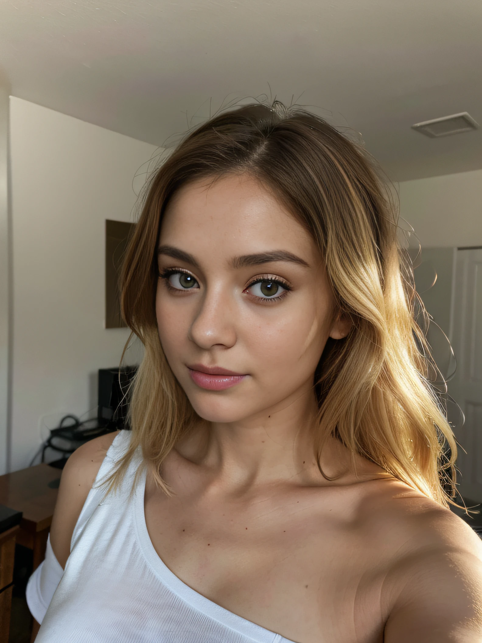 ultra detailed picture, hyper realism applied, intricate skin texture, arafed woman with medium hair that reaches shoulders and a white shirt taking a selfie, without makeup, 28 years old, perfect face ), 28-year-old girl, ana de armas, 8k selfie photograph, blonde hair and large eyes, blonde and large eyes, in her house, blonde hair reaches shoulders