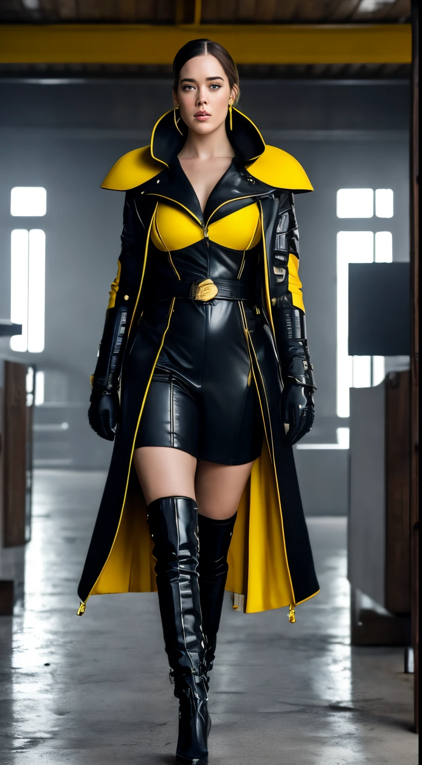 Megan Boone als Domina im Leder-Lack-Latex-Body-Outfit, wears earrings and yellow extreme Overknee-Stiefel, Ellenbogenlange Handschuhe, sie zeigt ihren Schambereich gut sichtbar welcher frei liegt und sehr behaart ist, full body visible