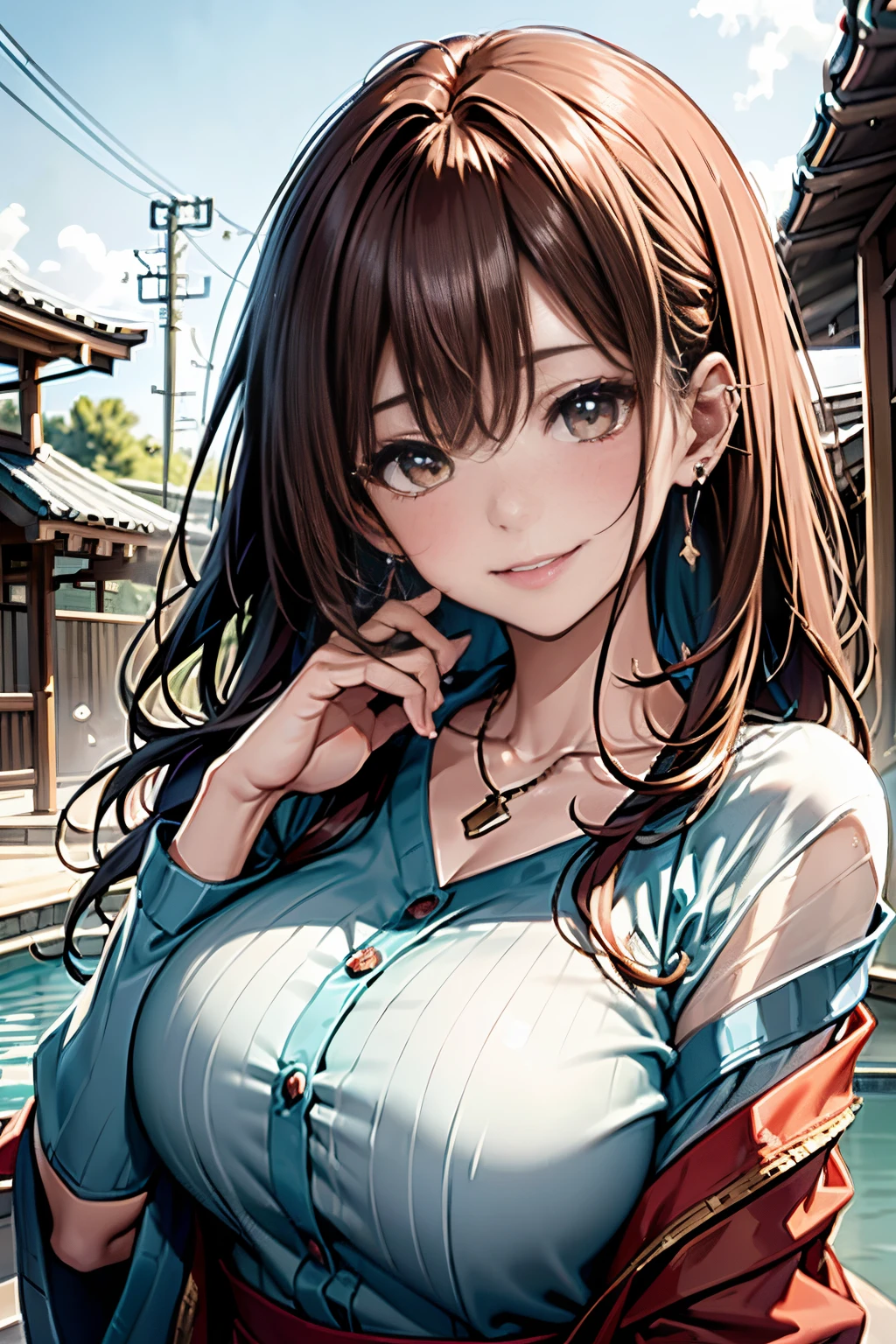 (Hot spring resorts in Japan,Soak shoulder-deep in an open-air bath,)Blushing cheeks、shyly smile、(beautiful a girl)、(red brown hair、hair pin、poneyTail、Floating hair、)Embarrassingly huge breasts、Enraptured eyes、A smile that beguiles the viewer、Look into the photographer、skin glistening with sweat、gazing at viewer、Upper body naked、,48 years old Shirtless、a necklace、piercings、pointed red mouth,Perfect round face,,Proper body proportion,Intricate details,Very delicate and beautiful hair,photos realistic,Dreamy,Professional Lighting,realistic shadow,Solo Focus,Beautiful hands,Beautiful fingers,Detailed finger features,detailed clothes features,Detailed hair features,detailed facial features,top-quality,Ultra-high resolution output image,) ,(The 8k quality,),(Sea Art 2 Mode.1:1.3),,(Image Mode Ultra HD,)