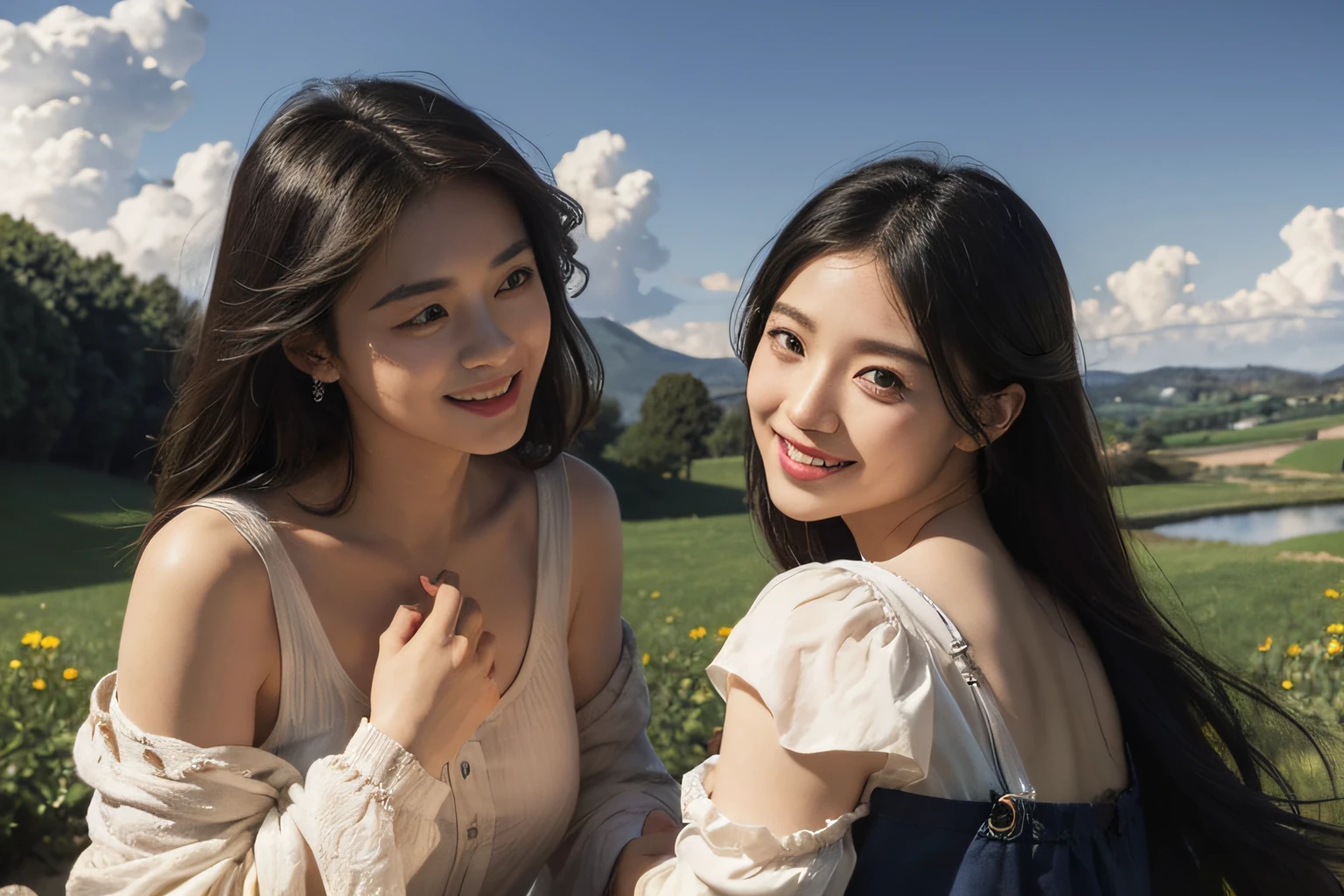 Poussin-style landscape,A smile,,Sweet and seductive appearance.、Caravaggio's paintings、Chiaroscuro of Caravaggio、Hair disheveled in the wind,Two women frolicking,Cute smile, Expression of ecstasy,A sexy,erotick