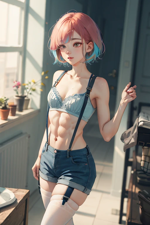 Short hair, colorful hair, big eyes, long eyelashes, double eyelids, high nose bridge, fine lips, translucent suspenders, slim abs: 1.1, medium chest, fine legs, light yellow stockings, perfect body proportions, indoor, depth of field, professional fill light