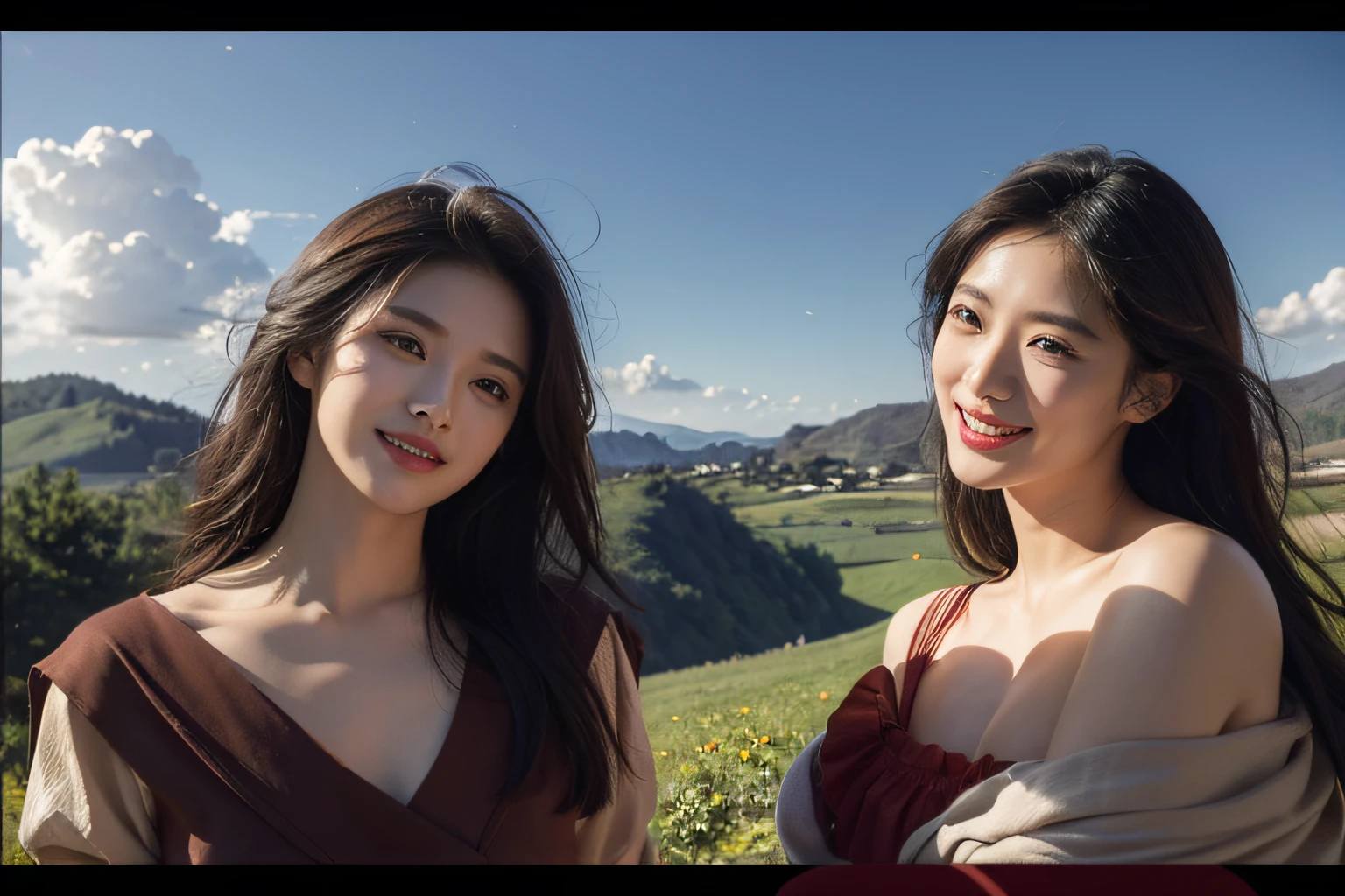 Poussin-style landscape,A smile,,Sweet and seductive appearance.、Caravaggio's paintings、Chiaroscuro of Caravaggio、Hair disheveled in the wind,Two women frolicking,Cute smile, Expression of ecstasy,A sexy,erotick