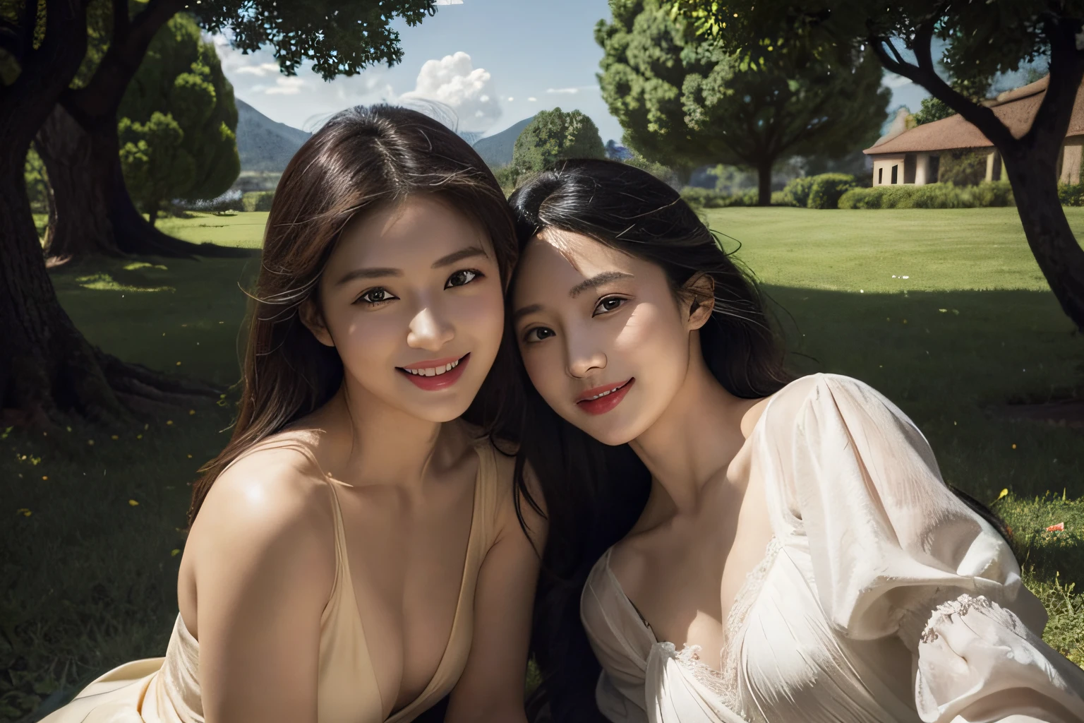 Poussin-style landscape,A smile,,Sweet and seductive appearance.、Caravaggio's paintings、Chiaroscuro of Caravaggio、Hair disheveled in the wind,Two women frolicking,Cute smile, Expression of ecstasy,A sexy,erotick