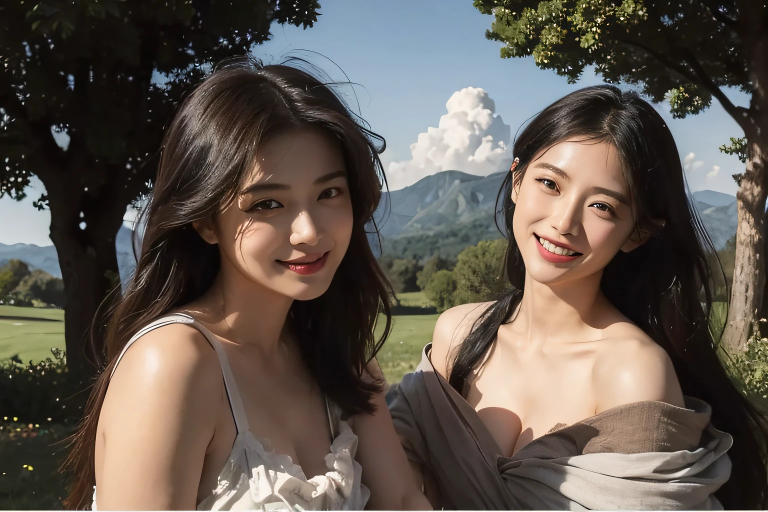 Poussin-style landscape,A smile,,Sweet and seductive appearance.、Caravaggio's paintings、Chiaroscuro of Caravaggio、Hair disheveled in the wind,Two women frolicking,Cute smile, Expression of ecstasy,A sexy,erotick