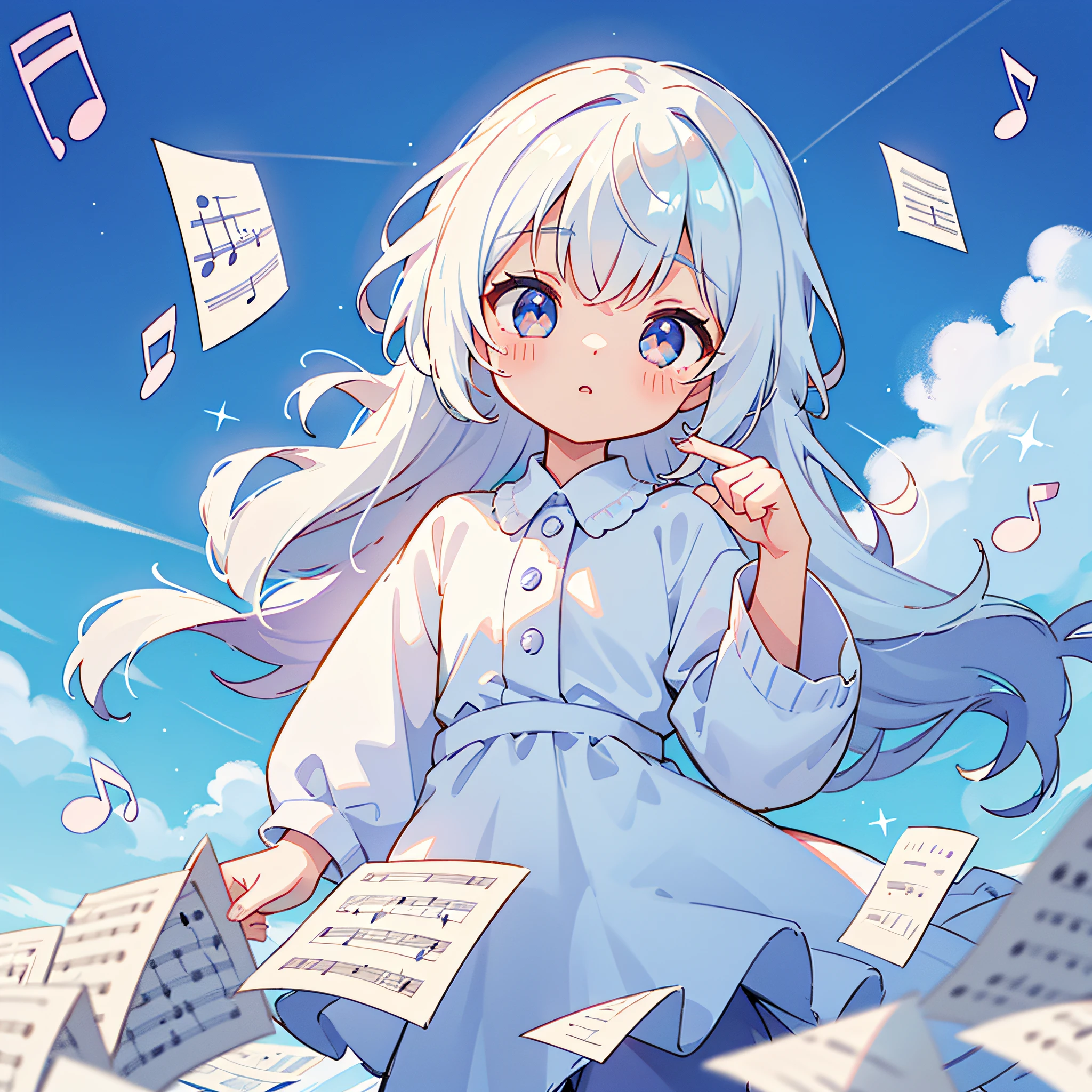wallpaper,dynamic angle,dynamic lighting,depth of field, centered,dynamic composition,half body view,body facing to the left,close up,((interesting detailed background)),(light reflections), cinematic lighting, sparkles, glowing light, 8k, 1girl, kawaii, blush, cute, blue sky, busy background, white hair, flowy hair, white glowing crystal eyes, silky white clothes, on a cloud, cloud world, a world full of clouds, fluffy clouds on foreground, papers of music sheets, ((floating papers of music sheets)), musical notes, musical notes effects