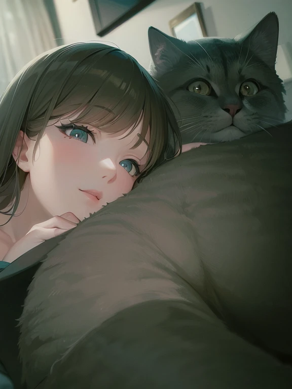 tmasterpiece，Big breasts are beautiful，style of anime，Best quality，highly detailed CG，A woman leaning on a cat