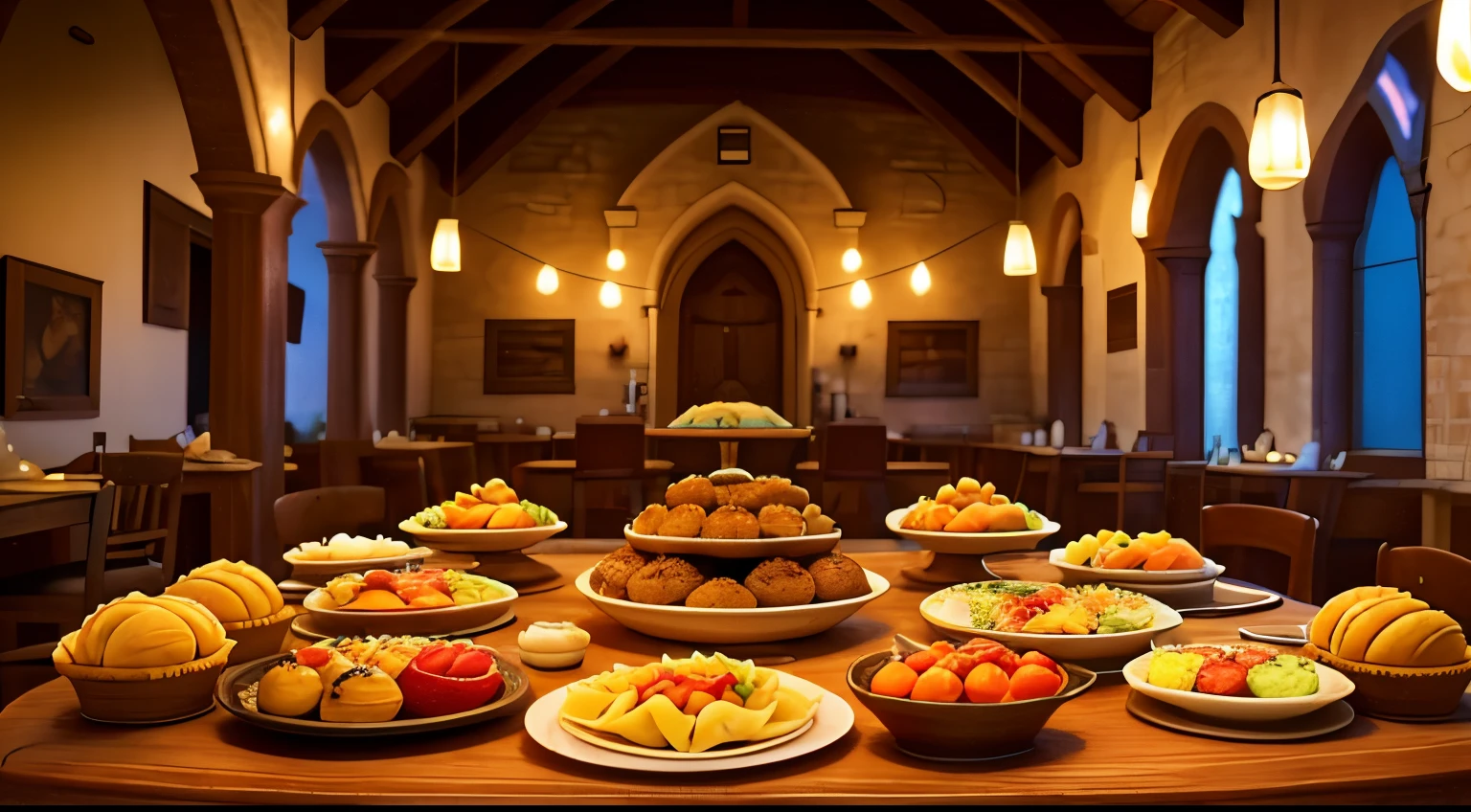 At nights, A set table inside an old mountain abbey, with bottles of wine, plates of various dishes: pasta, chicken, bread, desserts, cakes, muffins, salads, rice, and meatballs