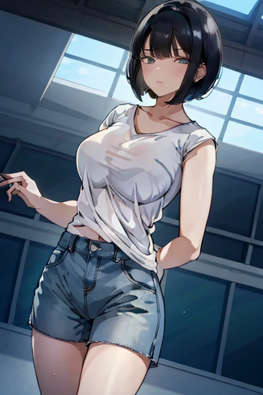 1girl, short black hair, green eyes, wearing plain white shirt, denim shorts, train station, absurdness, high res, ultrasharp, 8K, masterpiece, looking at viewer, tease