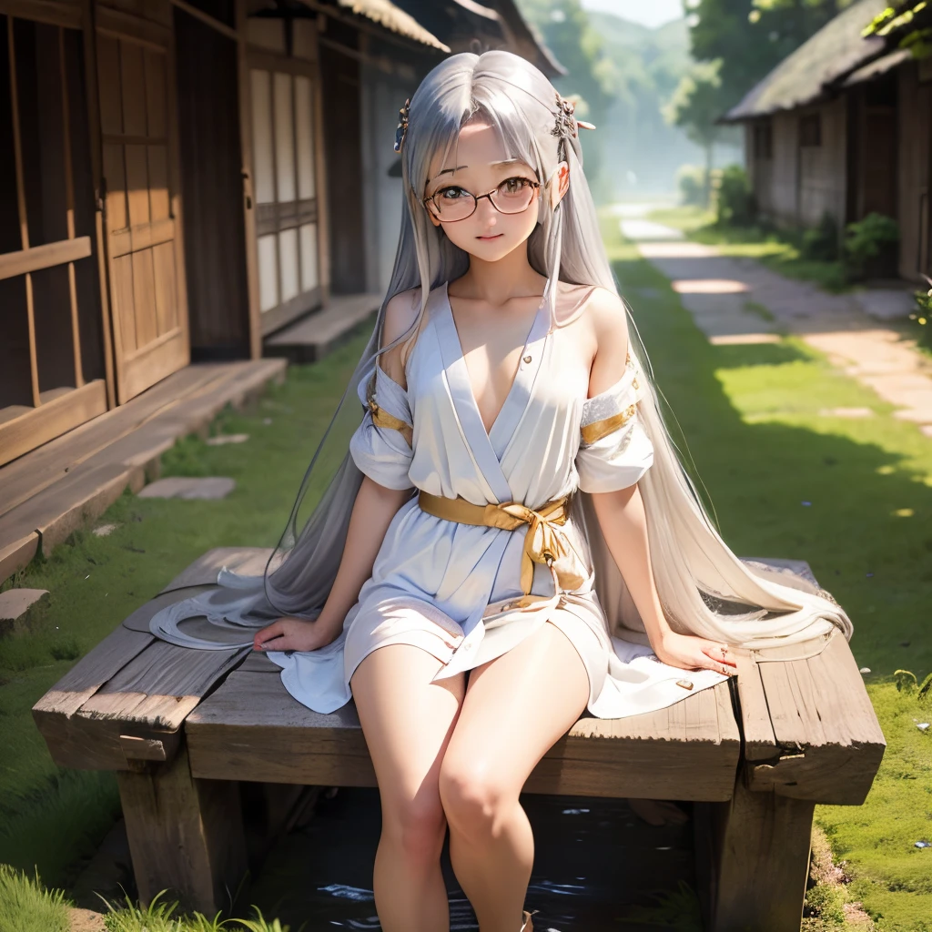 long hair of golden color、hime-cut、Golden Eyes、eye glasses、ssmile、early  girls、flat chest、Thin pubic hair、Beautiful open legs、bath robe、the woods