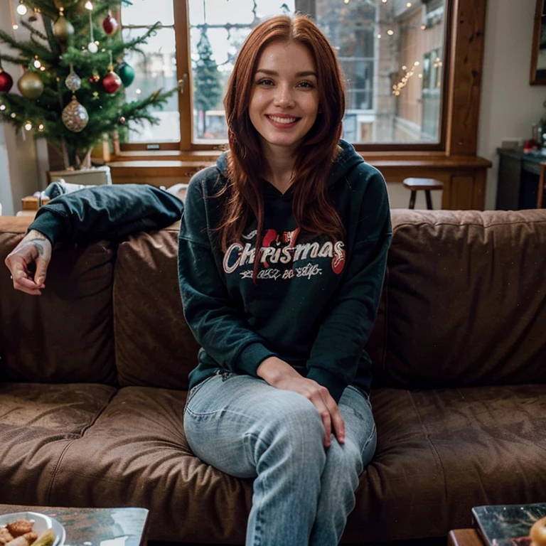 red hair, sitting on the sofa, wearing a hoodie and jeans, laughing, (best quality) detailed, hdr, 8k, Christmas tree in the background. Daytime,