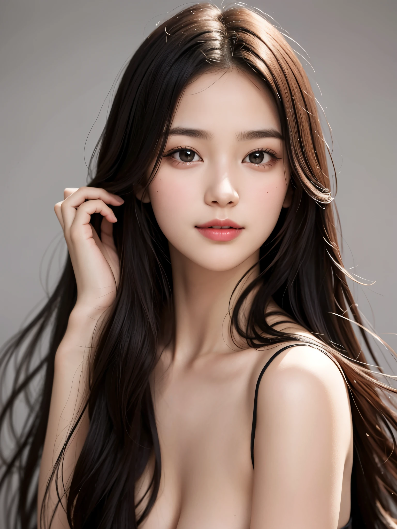 Amazing beauties,Long hair,bangss,A slight smil,Background Simple,your gaze is soft,breasts are large,