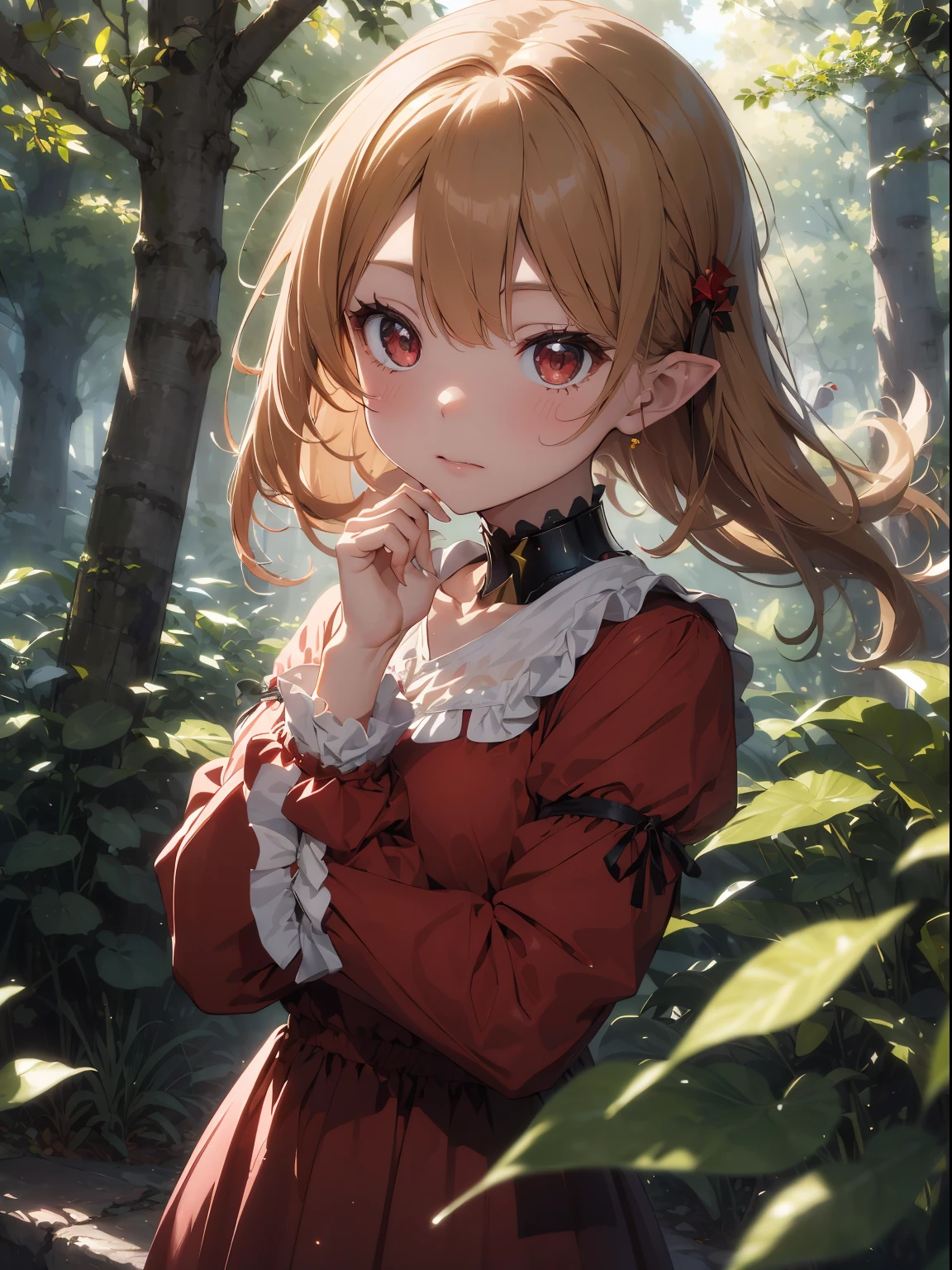 (masterpiece, top-quality, supreme, Official Art, Beautifully Aesthetic, long exposure time: 1.2), Smooth movement, Charming Patterns, one girls, (long dress with ruffled sleeves: 1.3), (((Red clothes))), upper body closeup, bare shoulders, little ukrainian girl, red blush, Black leaf hair, portraitures, 独奏, The upper part of the body, looking at the observer, 细致背景, A detailed face, (Crystallized AI, Crystal theme:1.2), Elemental Wood Elf, Rotating leaves, Control Leaf、Wine red colored clothes、dynamicposes、particles floating、ethereal dynamics、fronds、steams、forest in background、green tint、the woods、Ethereal Atmosphere、