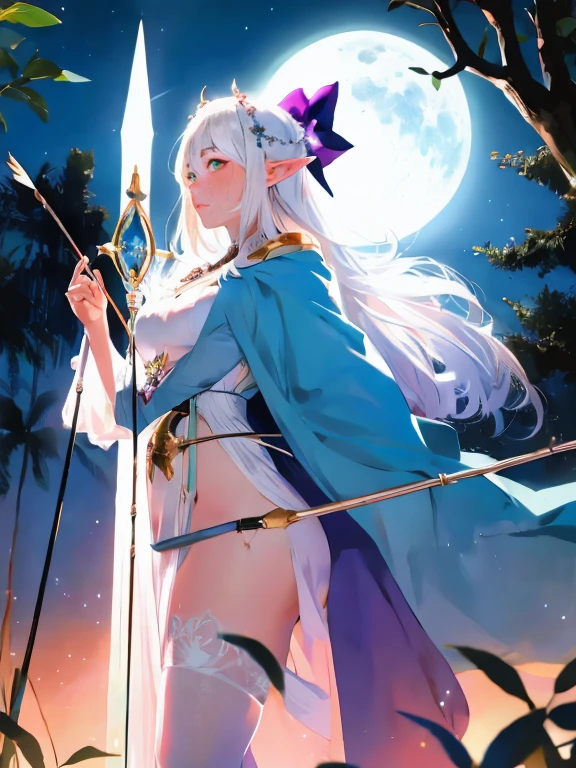 ultra detailed illustration of adult woman wearing purple thin robe, 4k, white stockings, elven archer, holding a magic bow, magic arrow, white flowingwhite  hair, moonbeams, backlit, light particles, whimsical, masterpiece, image with a magical and enchanting night atmosphere (best quality:1.4), night, crescent moon, forest, sharp focus, gil elvgren style, subtle outlines