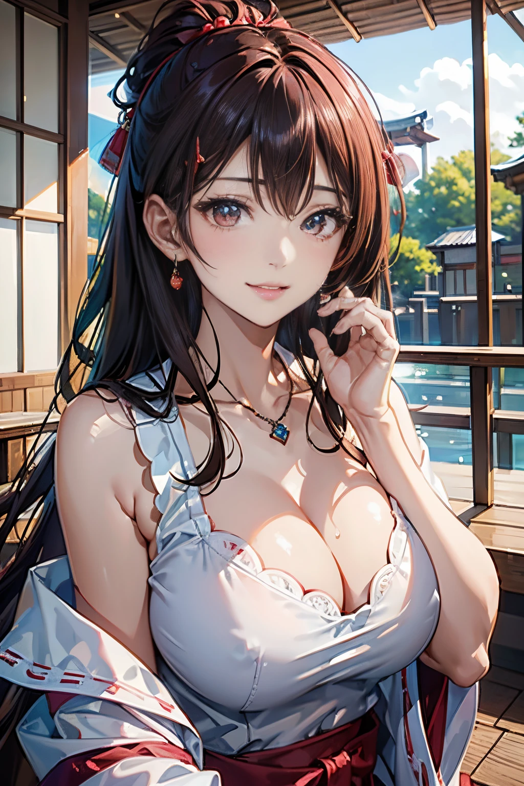 (Hot spring resorts in Japan,Soak shoulder-deep in an open-air bath,)Blushing cheeks、shyly smile、(beautiful a girl)、(red brown hair、hair pin、poneyTail、Floating hair、), large full breasts、Enraptured eyes、A smile that beguiles the viewer、Look into the photographer、skin glistening with sweat、gazing at viewer、Upper body naked、,48 years old Shirtless、a necklace、piercings、pointed red mouth,Perfect round face,,Proper body proportion,Intricate details,Very delicate and beautiful hair,photos realistic,Dreamy,Professional Lighting,realistic shadow,Solo Focus,Beautiful hands,Beautiful fingers,Detailed finger features,detailed clothes features,Detailed hair features,detailed facial features,top-quality,Ultra-high resolution output image,) ,(The 8k quality,),(Sea Art 2 Mode.1:1.3),,(Image Mode Ultra HD,)