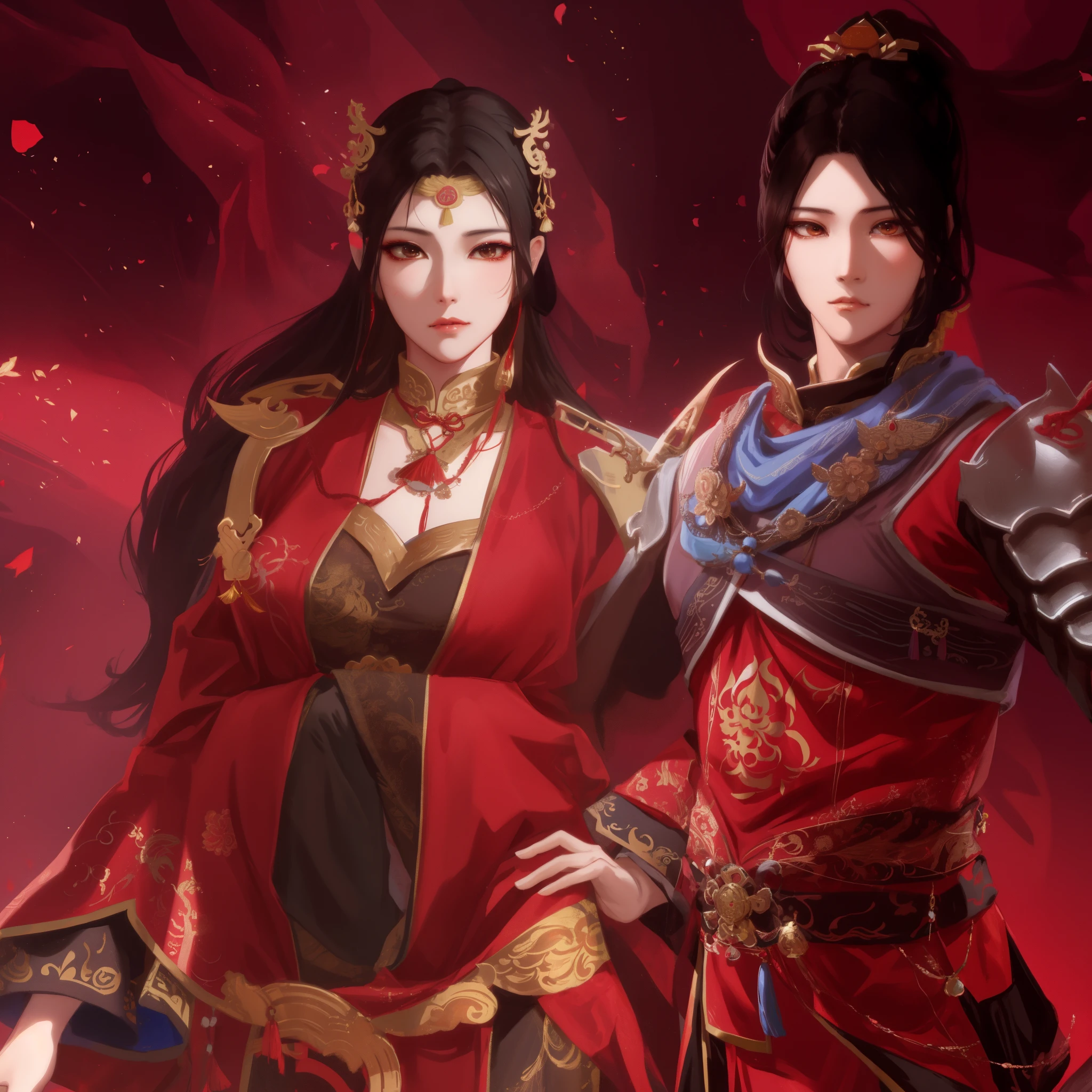 Two women dressed in oriental costumes stood side by side, Ruan Jia and Artgerm, xianxia fantasy, Inspired by Zhu Lian, yiqiang and shurakrgt, Artgerm and Ruan Jia, WLOP and Sakimichan, chinese fantasy, Wearing a gold-plated red robe, Inspired by Wang Meng, full-body wuxia