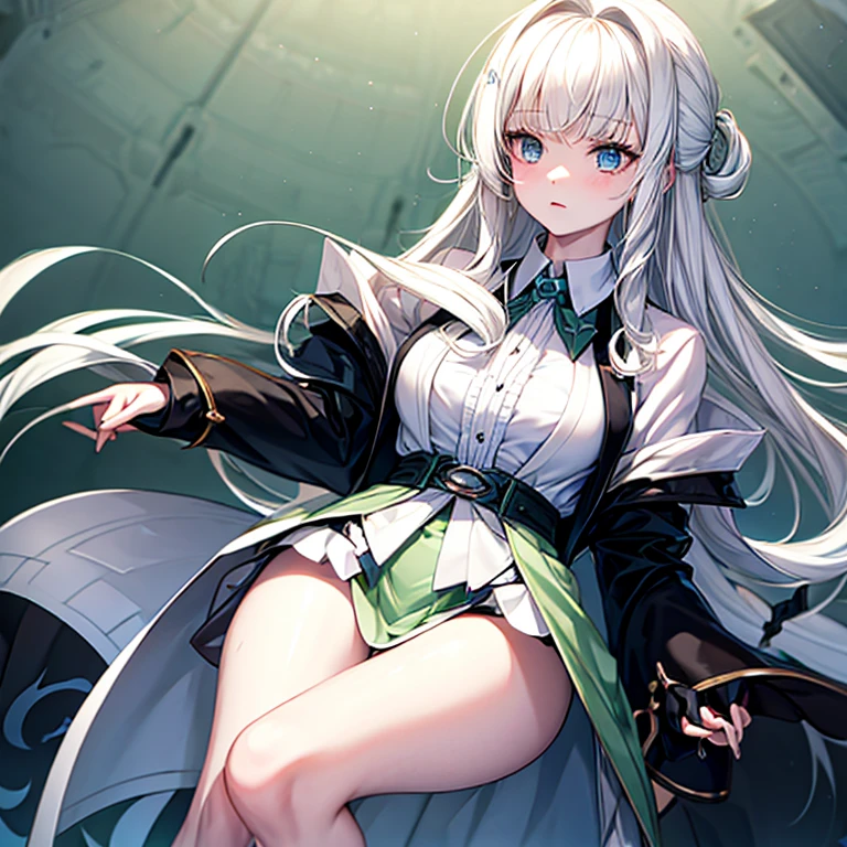 A loli,Long white hair that reaches the waist,hair messy,Pale green pupiilor suit,Blue miniskirt