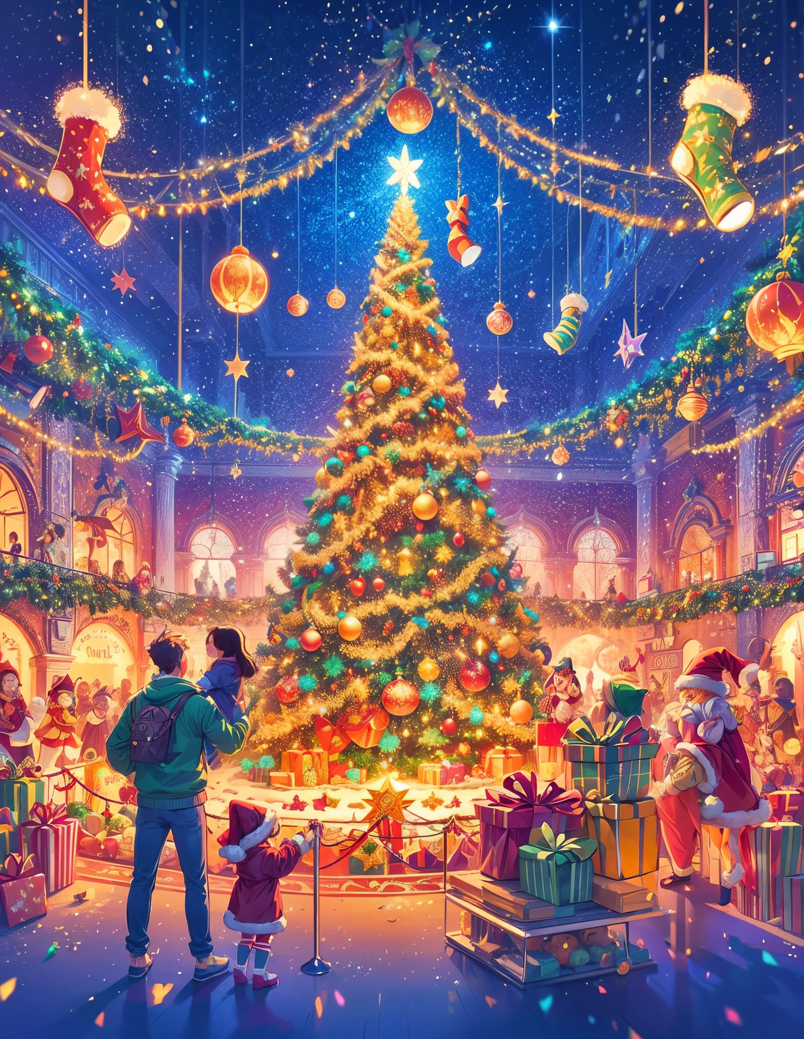 (((Vector illustration style)))，vivd colour，magical ambiance，whimsically，Sparkling，Fantasy Christmas world，In the room，A couple wearing Santa Claus costumes enjoying Christmas dinner。The room  decorated with a tall Christmas tree，Covered with flashing lights，Decoration  colorful。There are gift boxes stacked next to it，Exquisite packaging reveals expectations and surprises。A warm fire burns in the fireplace，Various Christmas decorations are placed around，There  also a funny portrait of Santa Claus hanging on the fireplace。Gingerbread cookies on the table、Cane sugar、Christmas delicacies such as candies。Kitten at feet lies on Christmas rug，wearing a red scarf，Seems to be enjoying this moment。The room  filled with a strong Christmas atmosphere，full of joy and，Intoxicating, (Perspectives, first person perspective, jib style colors, Glowing light, 电影灯光, hyper HD, tmasterpiece, Acura, Anatomically correct, ctextured skin, super detailing, high detal, high high quality, Award-Awarded, Best quality, 4K)