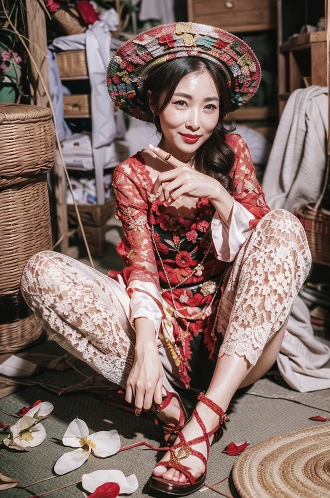 (Top image quality、top-quality、Top resolution、masterpiece)、a matural female、45 yers old、being thin、(Thick makeup)、Bright red lipstick、(Wearing pearl and gold lace underwear)、Wearing a hat、(Old house)、Jumbled background、(A room littered with jewelry, flashy underwear, cosmetics, dolls, and flower petals.:1.5)、(Messy room)、Laughing、Wearing pin heels