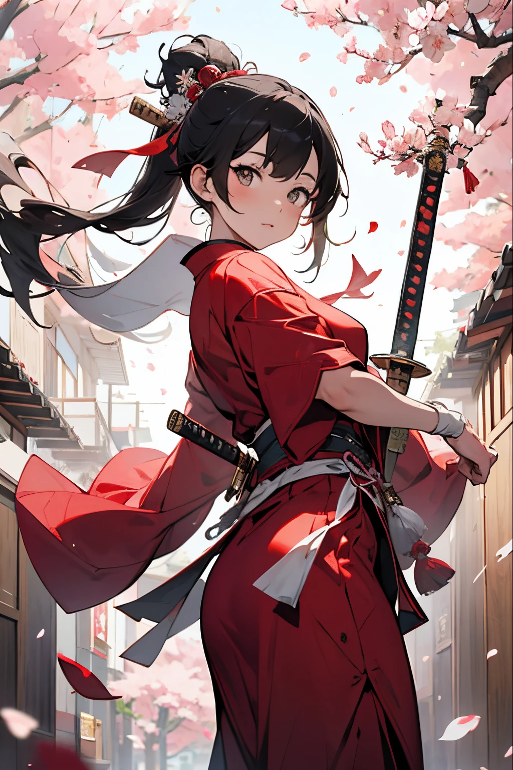 Masterpiece, super high resolution, perfect picture quality, ink style, chivalrous girl, red Japanese costume, holding a Japanese sword, dancing, cherry blossoms falling, petals flying, silver bells jingling, fascinating.