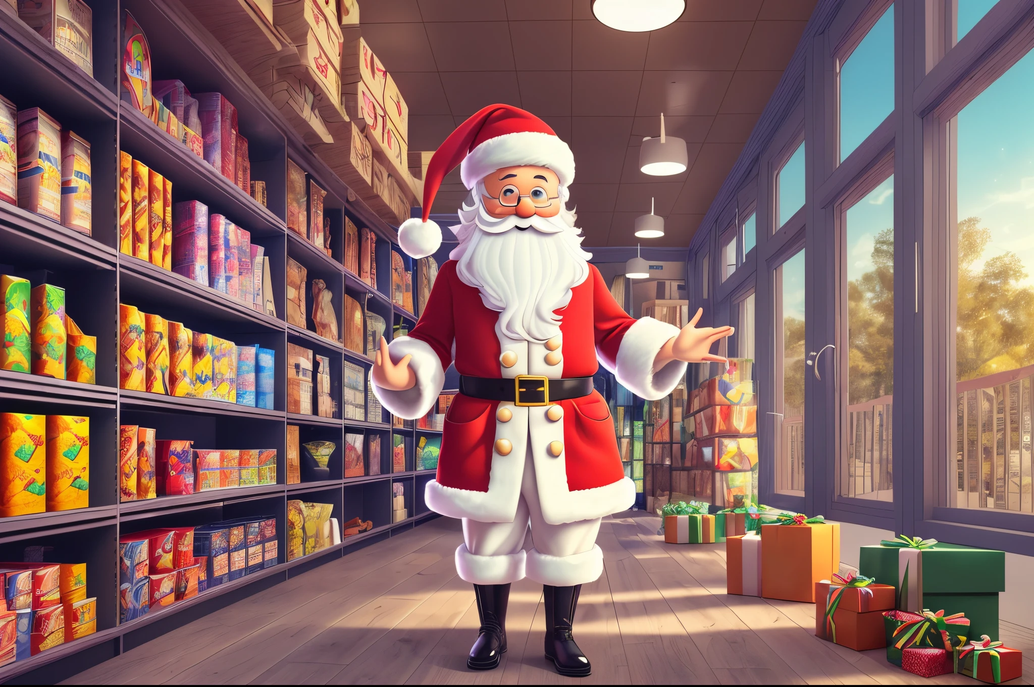 In the supermarket, a santa claus shopping for presents, Float a balloon,Small and cute 3D felt style, cartoon style, Disney style,warm light, soft color lP, soft light,high definition, detailed renderinq, 8k, --auto --s2