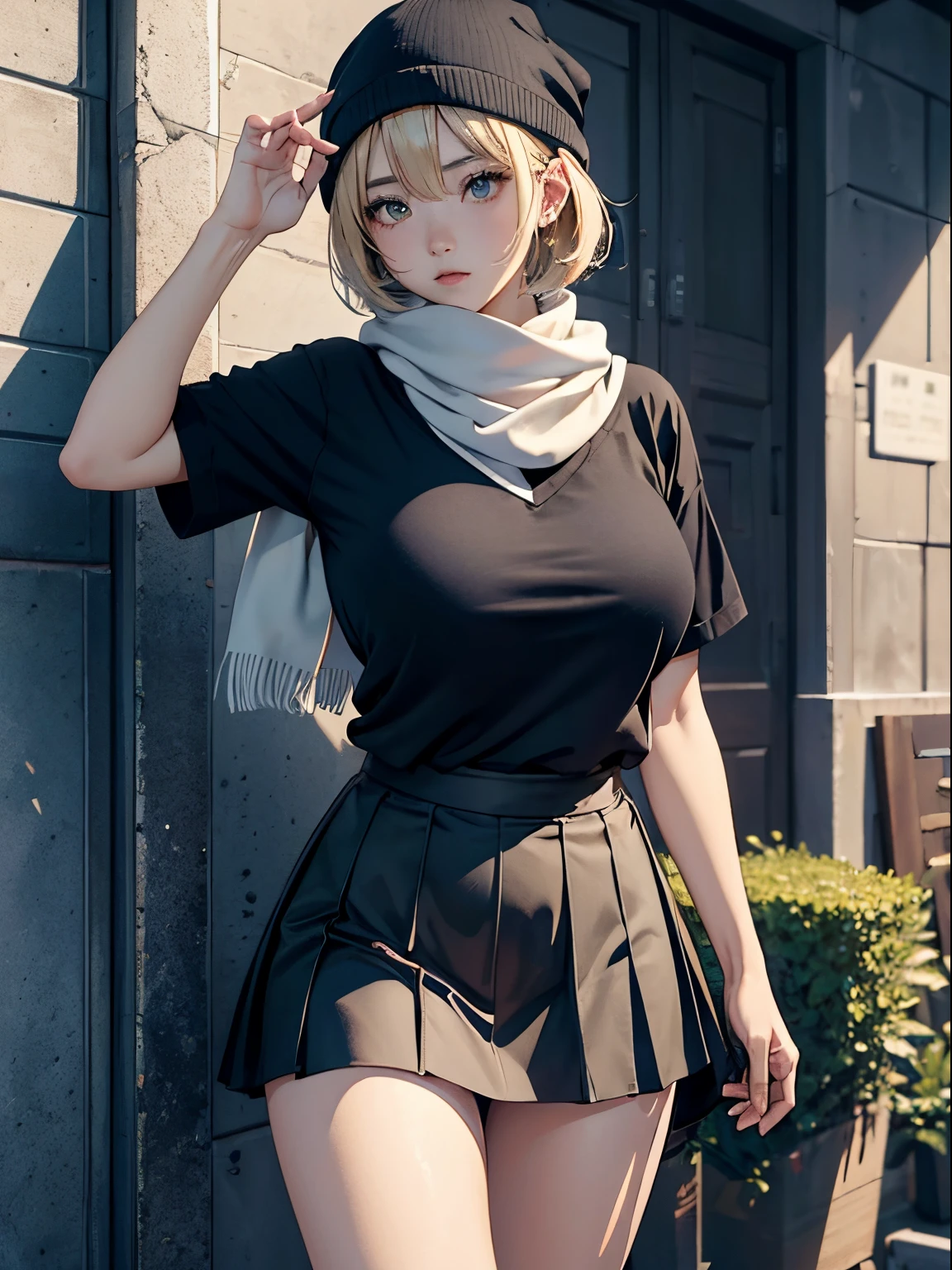 One 20-year-old woman、(masterpiece:1.4)、(top-quality:1.4)、(Real Face:1.1)、超A high resolution、high detailing、Beautiful facial features、Blonde Short Bob、耳环、knit hat、Lunette de soleil、checkered scarf、Yarn gloves、a black T-shirt、pleatedskirt、(huge-breasted:1.3)、Blushing、Stand against the wall