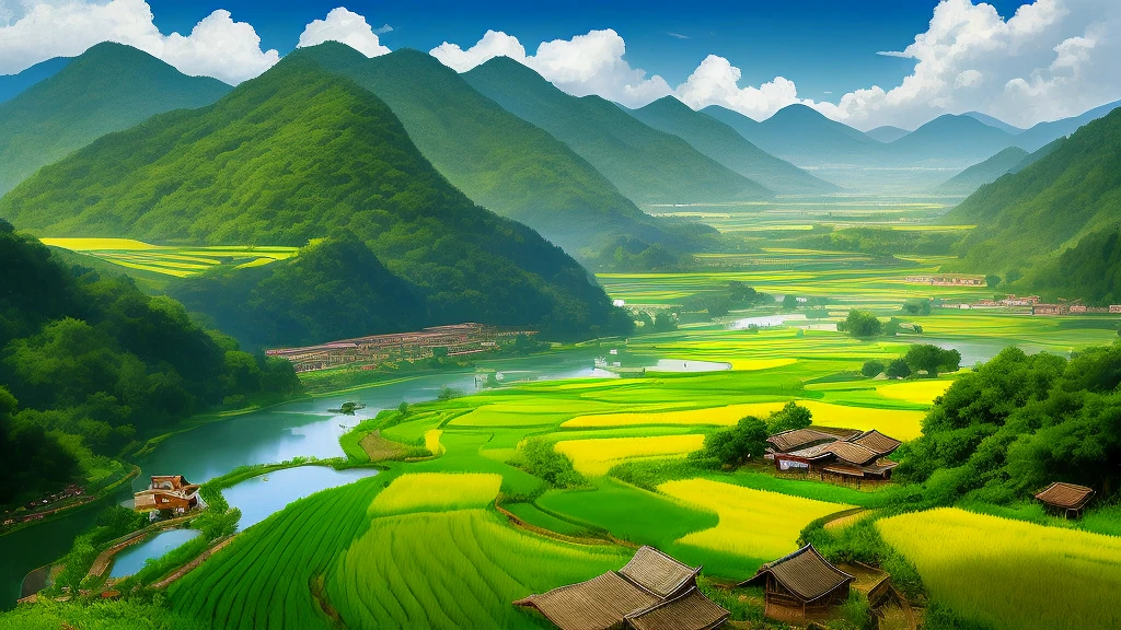 blue-sky，baiyun，ricefield，Birds in the air，Working peasants，Neat and village in the distance，Little River Bend，