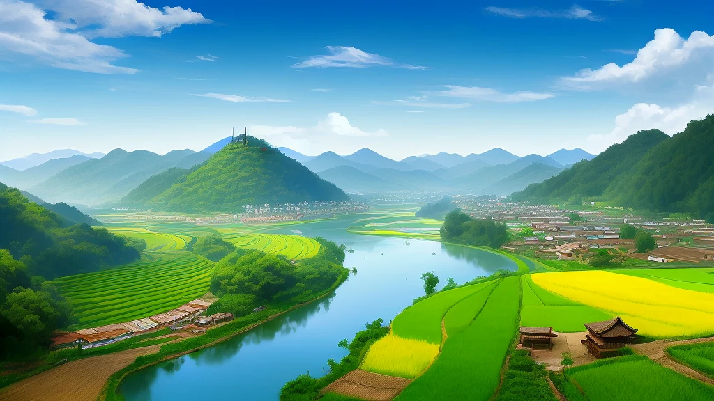 blue-sky，baiyun，ricefield，Birds in the air，Working peasants，Neat and village in the distance，Little River Bend，
