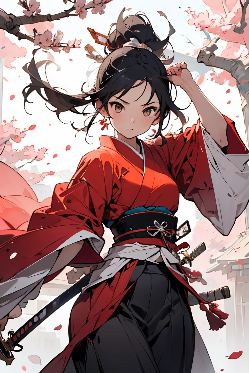 Masterpiece, super high resolution, perfect picture quality, ink style, chivalrous girl, red Japanese costume, holding a Japanese sword, dancing, cherry blossoms falling, petals flying, silver bells jingling, fascinating.