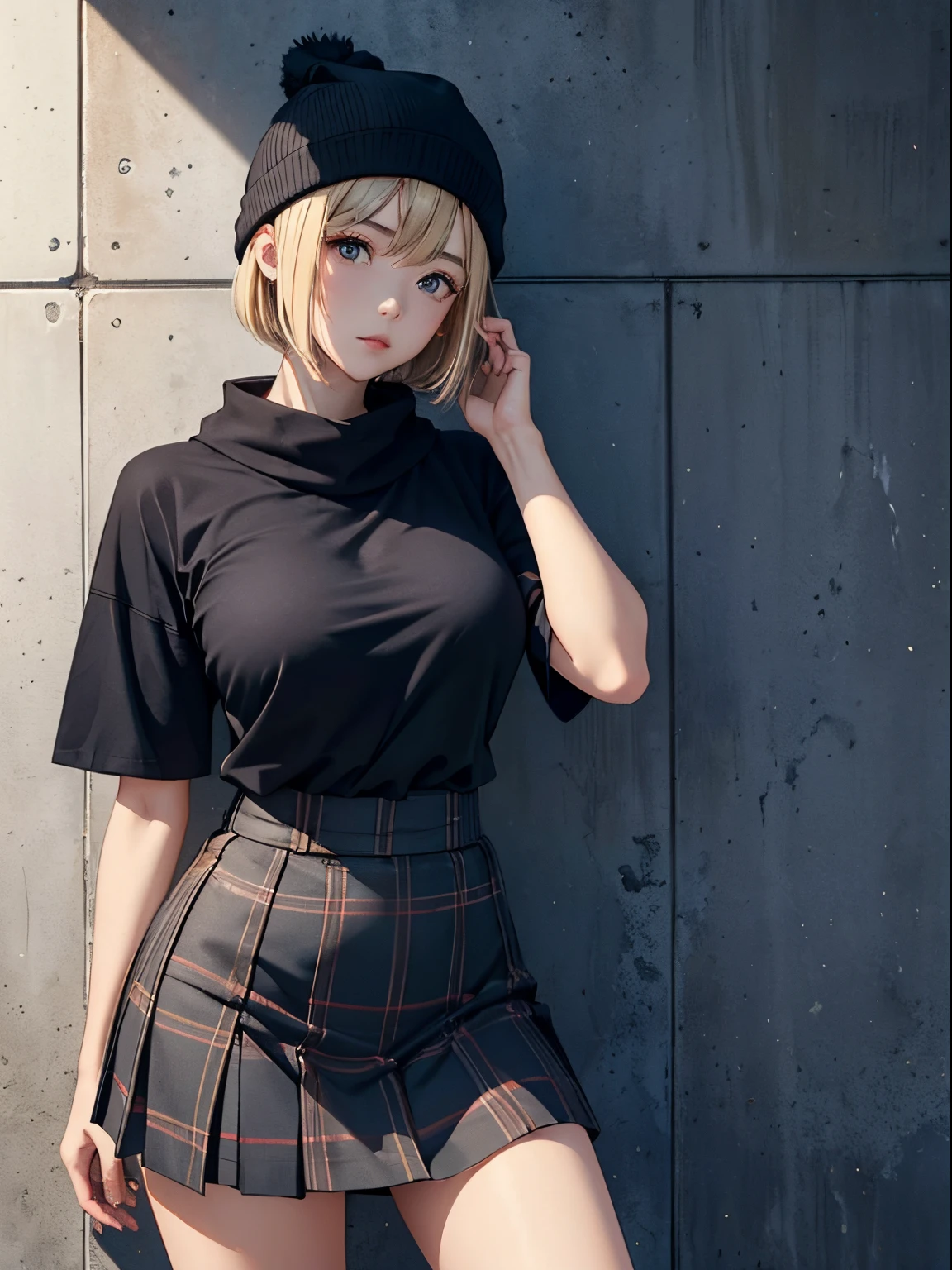 One 20-year-old woman、(masterpiece:1.4)、(top-quality:1.4)、(Real Face:1.1)、超A high resolution、high detailing、Beautiful facial features、Blonde Short Bob、耳环、knit hat、Lunette de soleil、checkered scarf、Yarn gloves、a black T-shirt、pleatedskirt、(huge-breasted:1.3)、Blushing、Stand against the wall