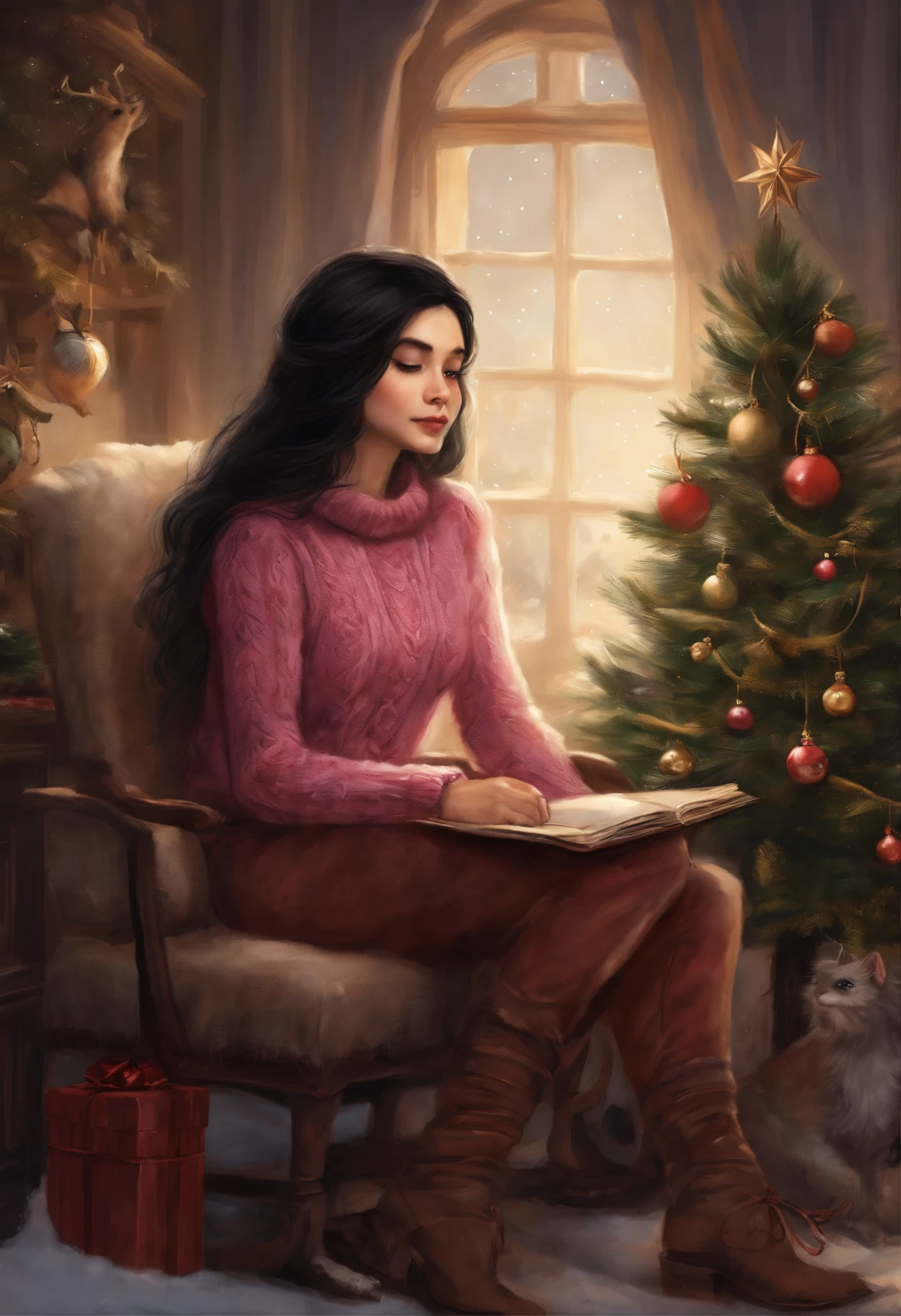 真实感, a painting, fairy tale fantasy style, Christmas style, John Tolkien style, Small painting by Jean-Baptiste Monge, Soft facial features, Rocker Girl, sitting in a chair with flowing straight black hair near the Christmas tree, Soft facial features, Wearing trousers, wearing a sweater, With light makeup, dark pink lips, lip shape"pearlescent" ,"curved eyebrows in the shape of Engriberts, slightly raised, Cyan eyes, eyes with heavy, mendala-shaped lids, Human Hand, Very clear, Without flaws, five fingers, black long straight hair, In a short lilac-pink knitted sweater, in black trousers,mischievous character, Christmas tree, Gifts, Jean-Baptiste Monge, anthropomorphic --ar 2:3 --testp -optimistic;